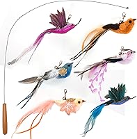 miwooim Interactive Cat Wand Toy - 35" Steel Wire Teaser with 6 Realistic Feather Bird Refills for Indoor Cats