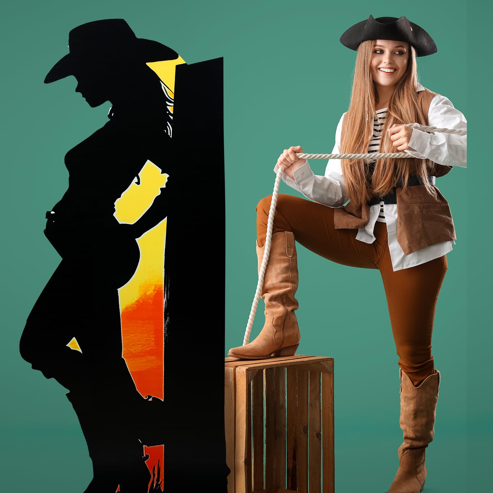 Jetec Sagoma in cartone da 1,7 m con cowgirl, a grandezza naturale, decorazioni per feste a tema occidentale, sfondo, foto, supporto per feste a tema Wild West, compleanno, feste retrò
