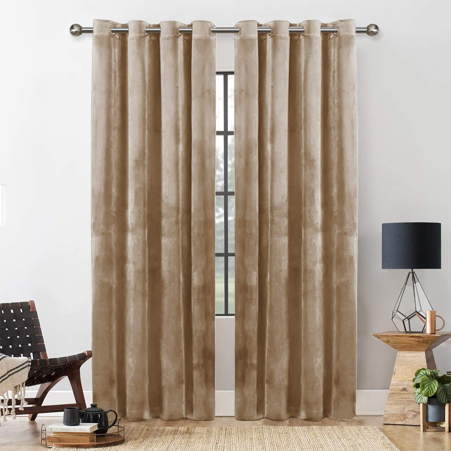 Yorkshire Bedding Blackout Curtains for Bedroom 66X84 Beige Curtains Thermal Insulated Room Darkening Ring Top Velvet Curtains 2 Panels with Tiebacks
