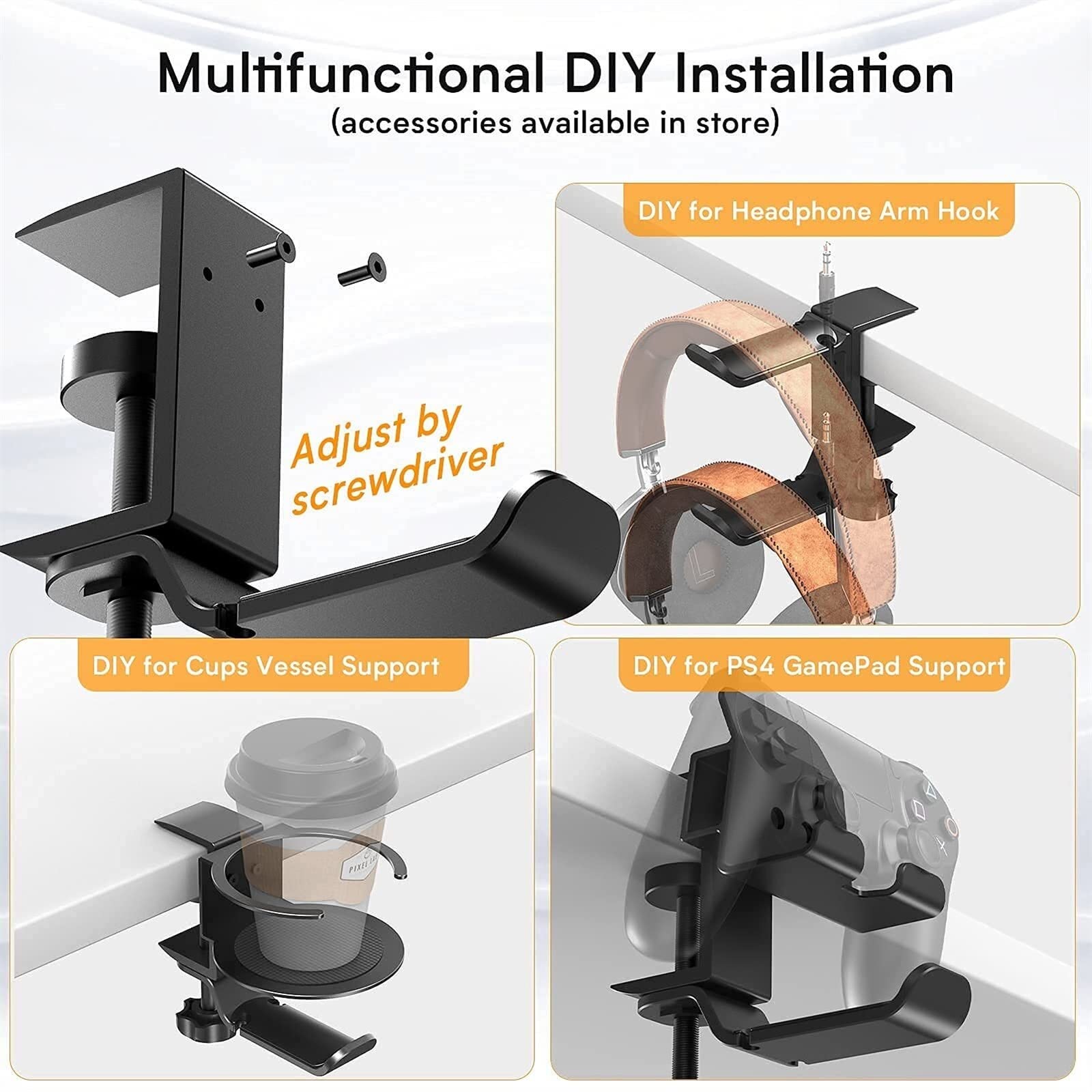 Supporto per cuffie Doppio supporto for cuffie girevole a 360° Gancio sotto la scrivania Supporto for for for in alluminio Compatibile con universali, Nero