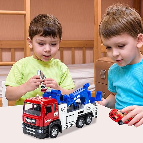 Miniatura 6 de Camión de remolque de juguete con 2 mini coches de juguete, vehículos con luces y sonido transportador de juguete, camión de remolque de metal