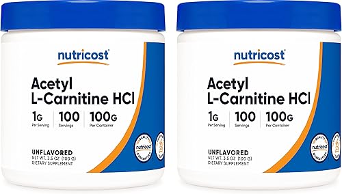 Nutricost Acetil L-carnitina (ALCAR) 100 GMS (paquete de 2) – 100 porciones cada una – 1000 mg por porción – Polvo puro de acetil L-carnitina – Sin