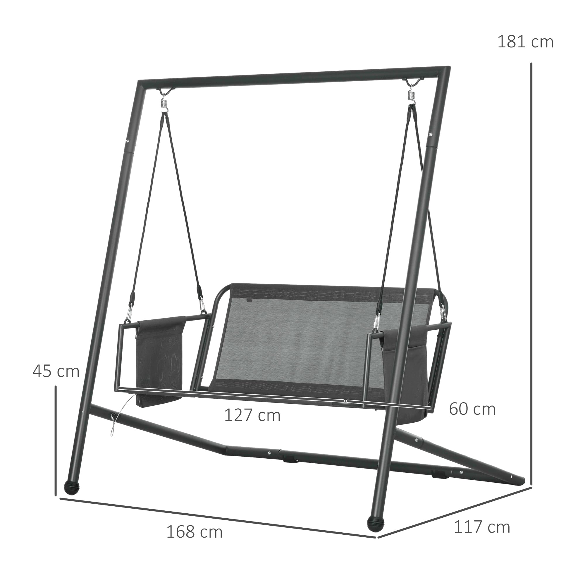 Outsunny Dondolo da Giardino 2 Posti con Cuscini e Tasche Portaoggetti, Dondolo da Esterno in Acciaio e Textilene, 168x117x181 cm, Grigio Scuro