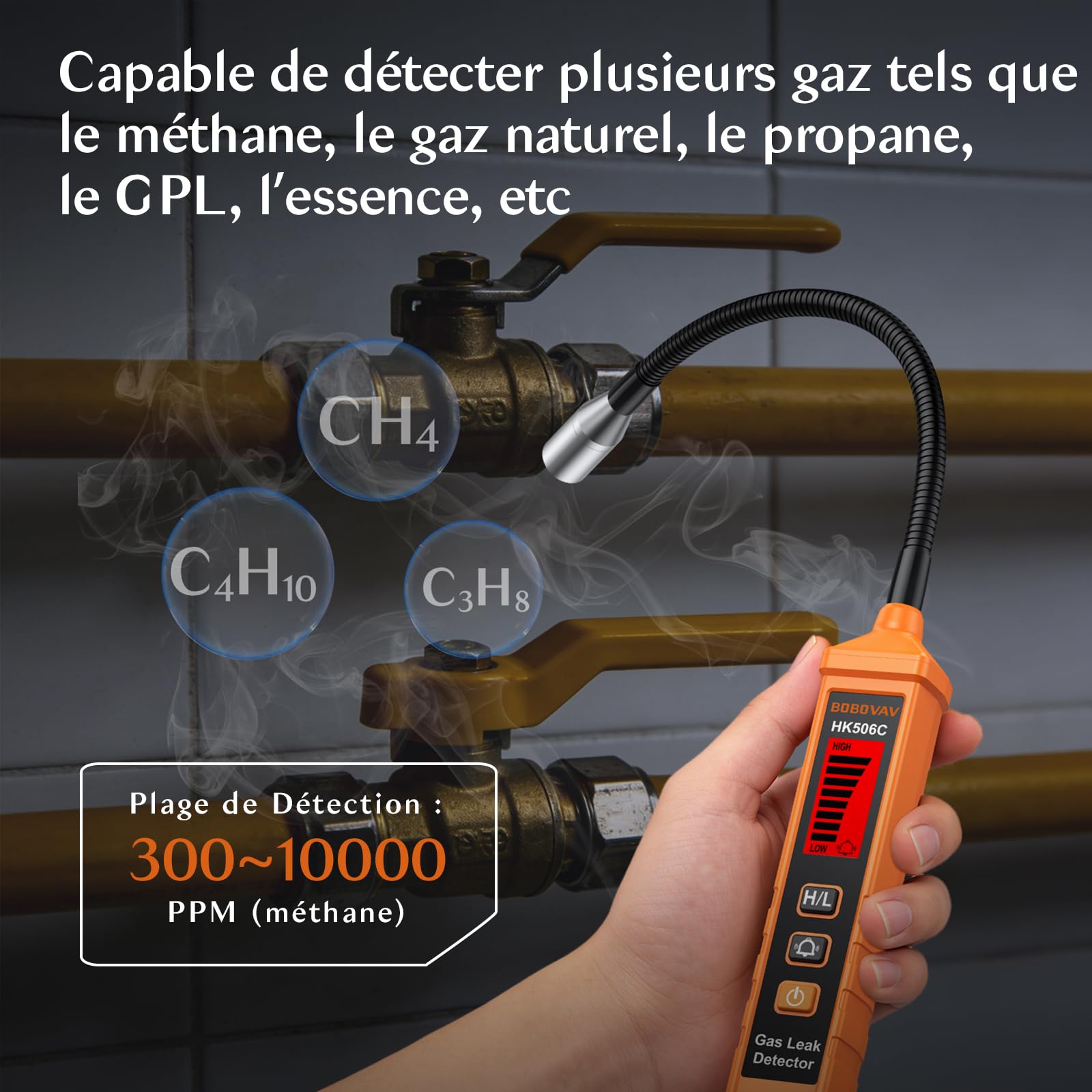 Détecteur de Gaz Naturel, avec Une Sonde Flexible de 8 Pouces,2 Niveaux de Sensibilité,Arrêt Automatique, Alarme Acoustique et Optique pour Méthane, Gaz Naturel, Propane (2 Piles Incluses)