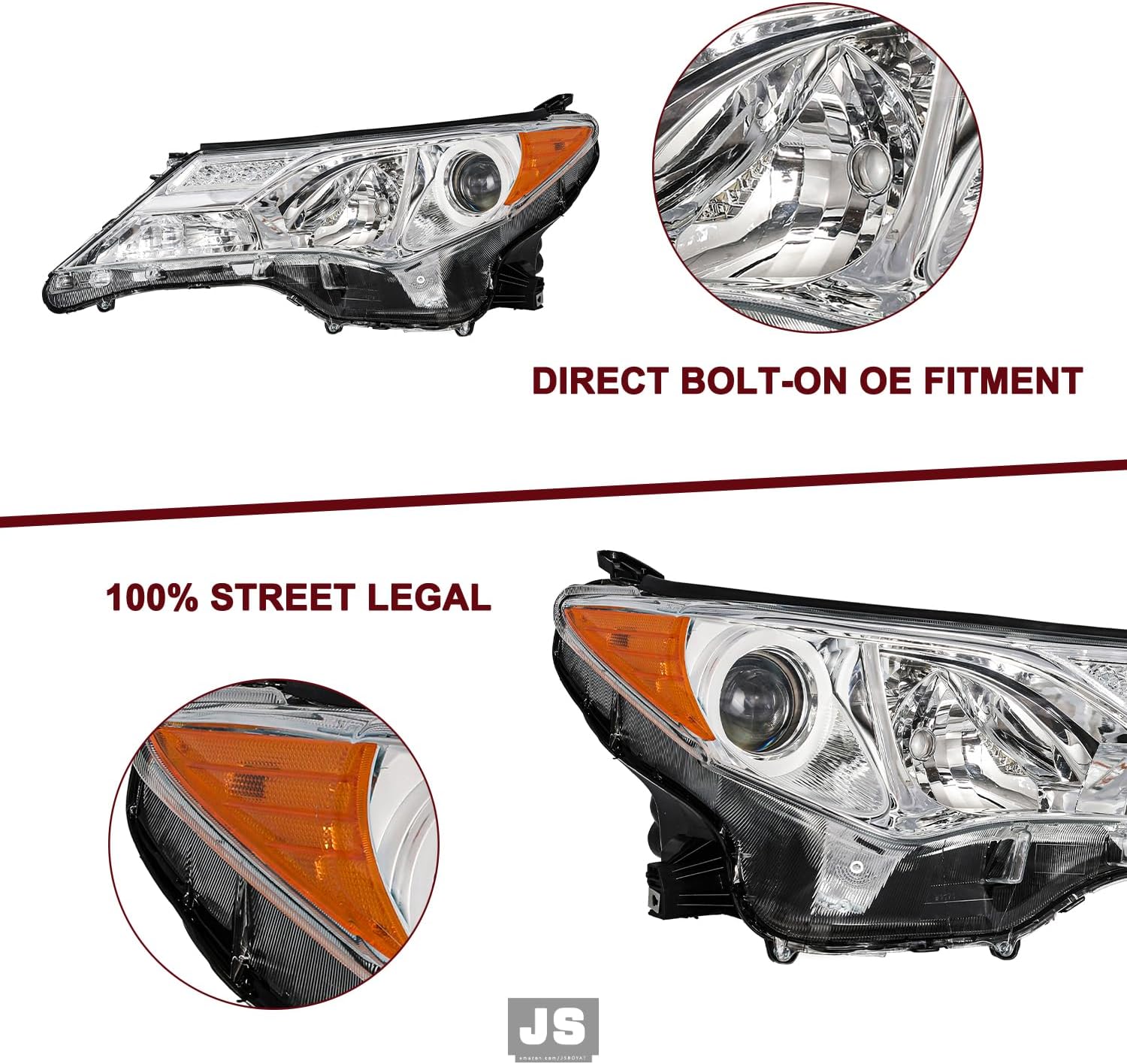 JSBOYAT Halogen Headlight Assembly Compatible with 2013 2014 2015 Toyota Rav4, 13 14 15 RAV-4 Chrome Housing with Amber Reflector