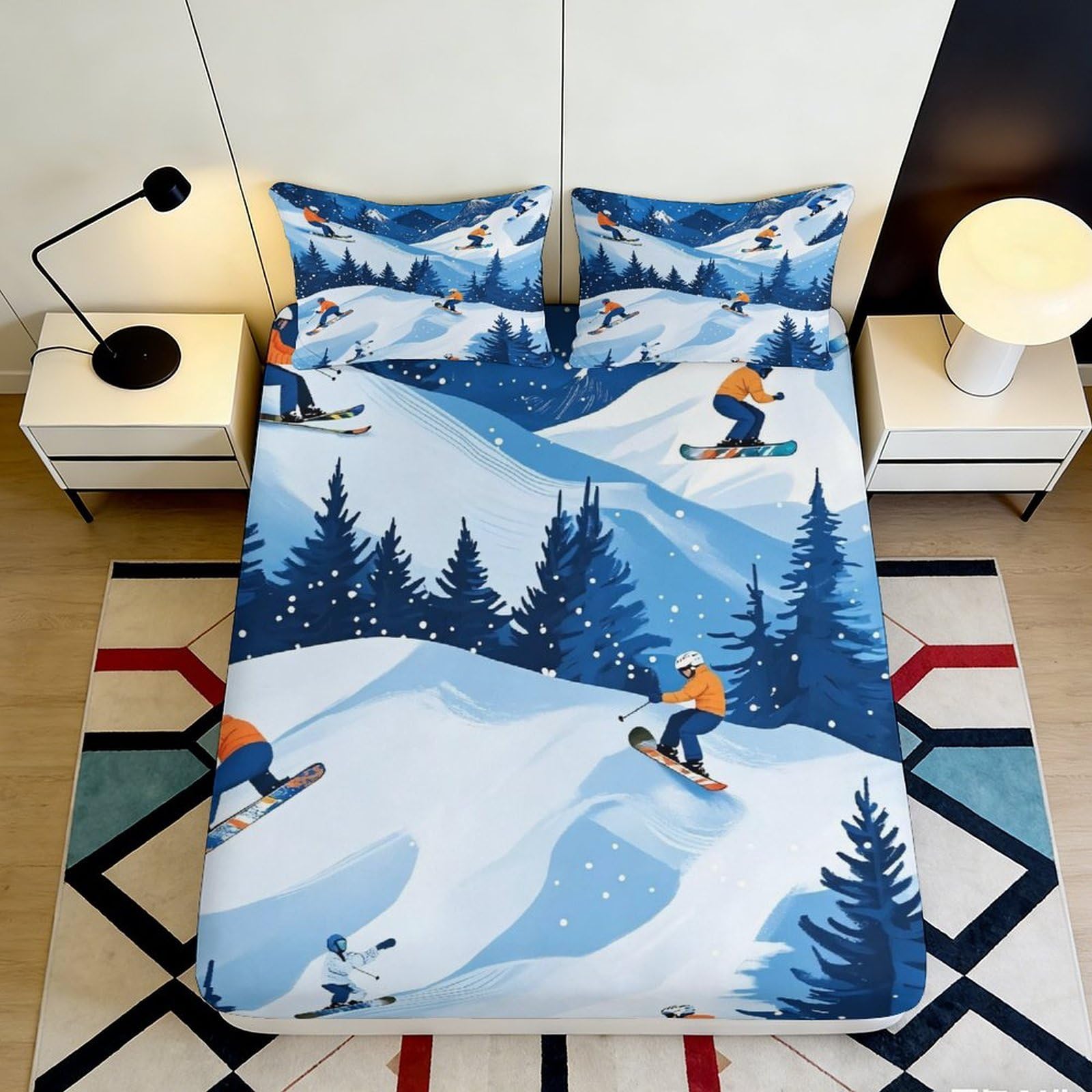 3D Printed Skiing Mountain Fitted Sheet Microfiber Non Slip Snow Forest Bed Cover for Bedroom Guest Room 90x200x25cm