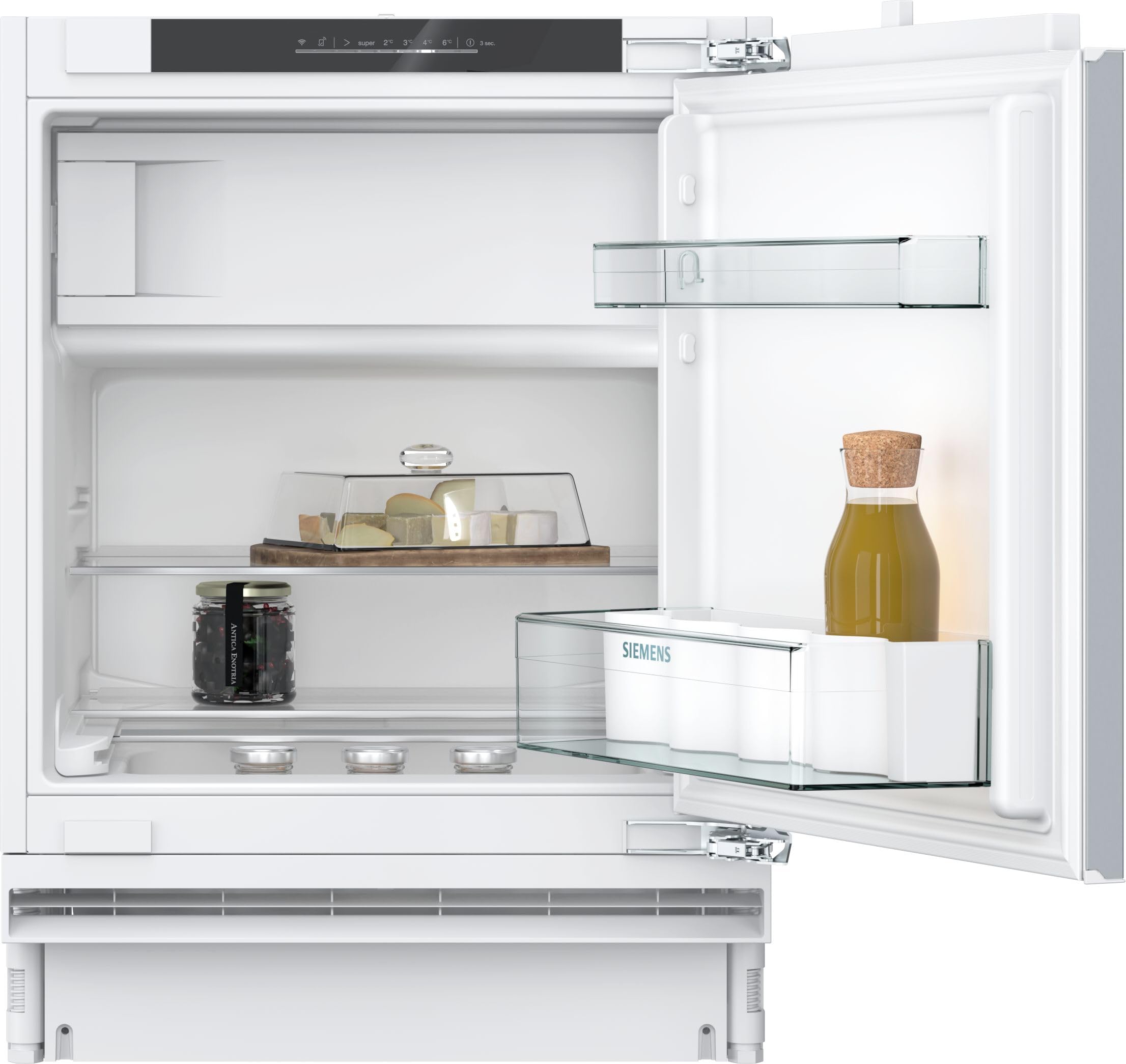 Siemens KU22LVFD0, iQ300 Smarter Unterbau-Kühlschrank mit Gefrierfach, 82 x 60 cm Nische, 110 L, Flaschenhalter, Sicherheitsglas-Ablagen, Schnellkühlung, Sehr leise, LED-Beleuchtung, Flachscharnier