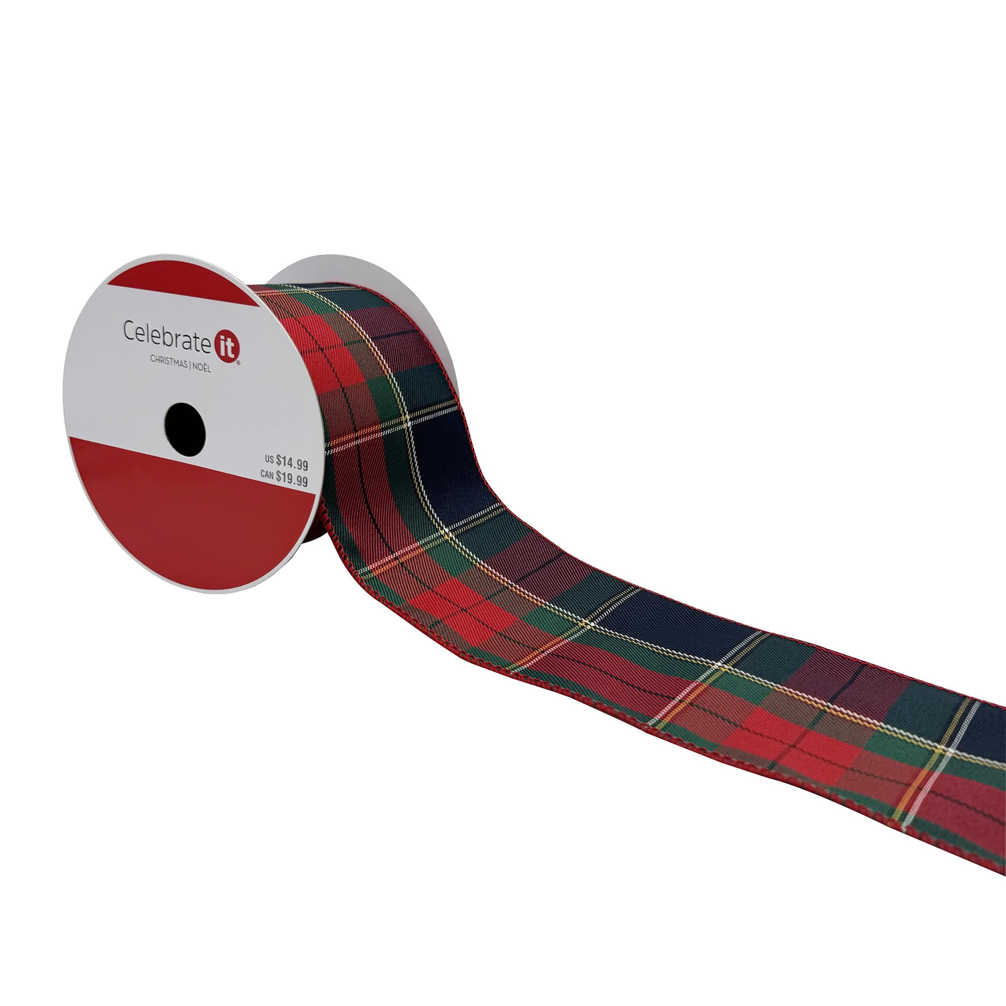 3.5" x 25ft. Red & Navy Plaid Wired Ribbon by Celebrate It™ Christmas - Christmas Ribbon for Home Décor and Crafting