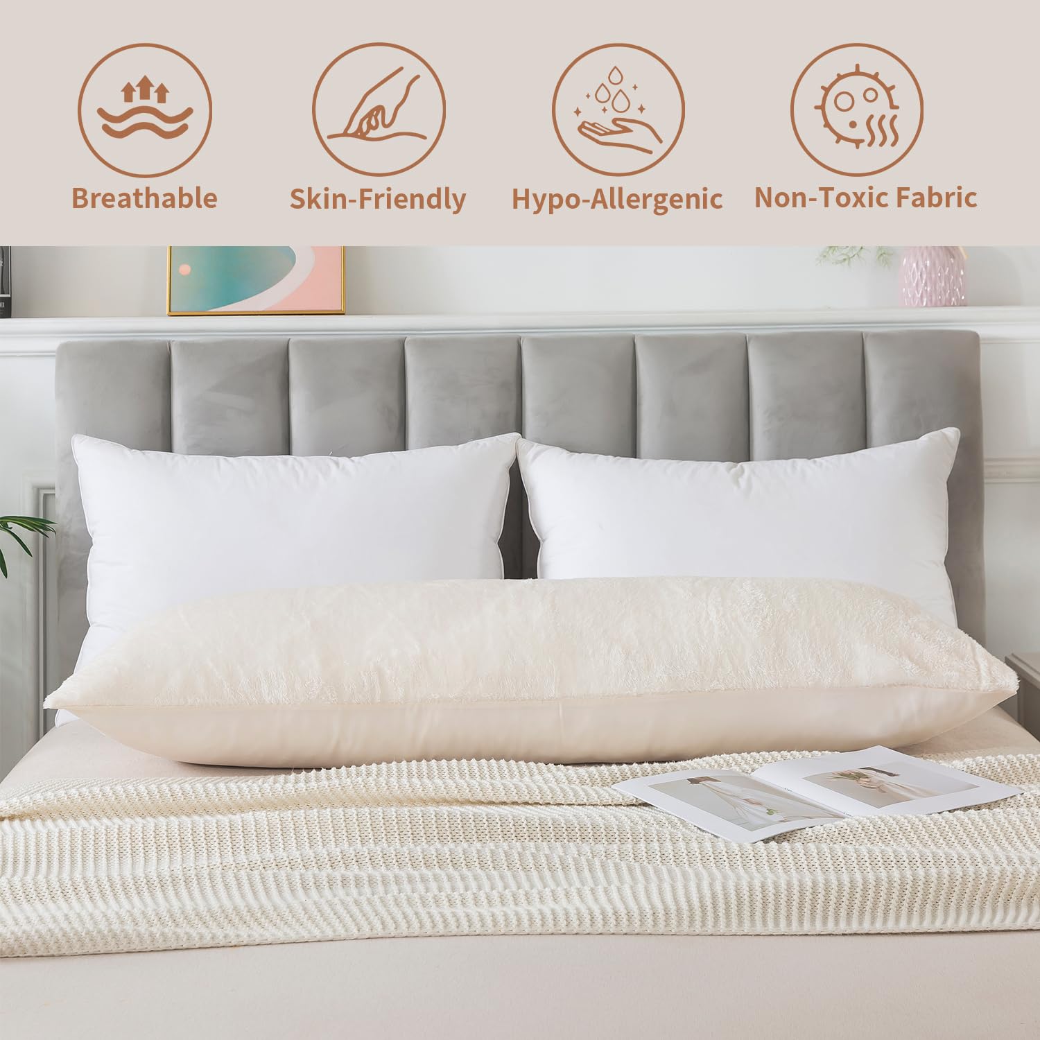 WhatsBedding Körperkissen mit zotteligem Kunstfell-Kissenbezug, langes flauschiges Plüsch-Pelz-Körperkissen, flauschiges Sherpa-Kissen für Erwachsene, Beige