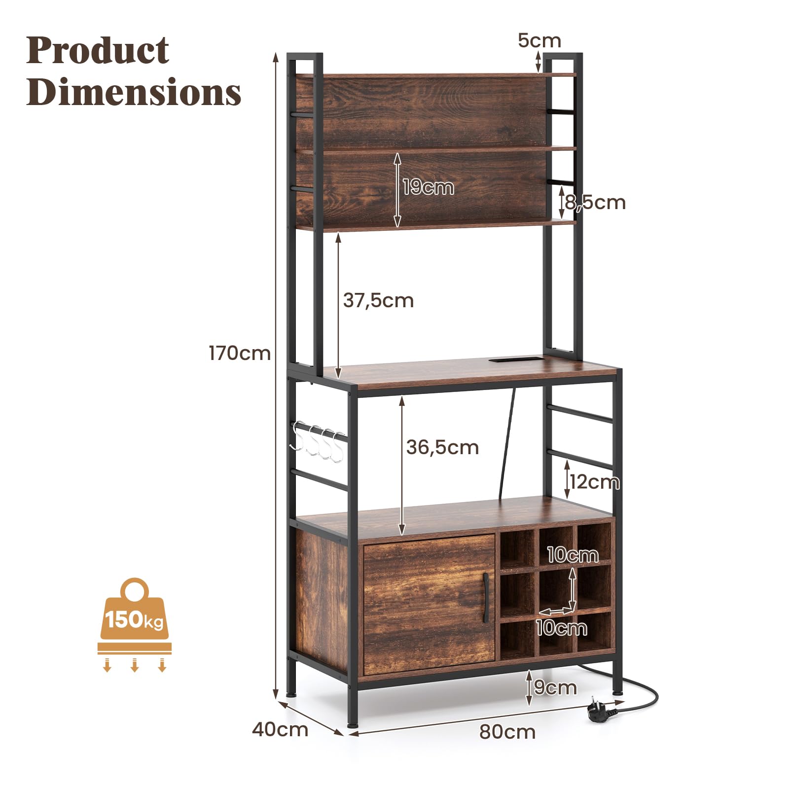 KOMFOTTEU Küchenregal mit Steckdose 170cm Hoch, Bäckerregal aus Holz & Metallrahme, Mikrowellenregal mit S-förmigen Haken & Weinflaschenhaltern, Aufbewahrungsregal mit Lagerschrank (Rustikales Braun)