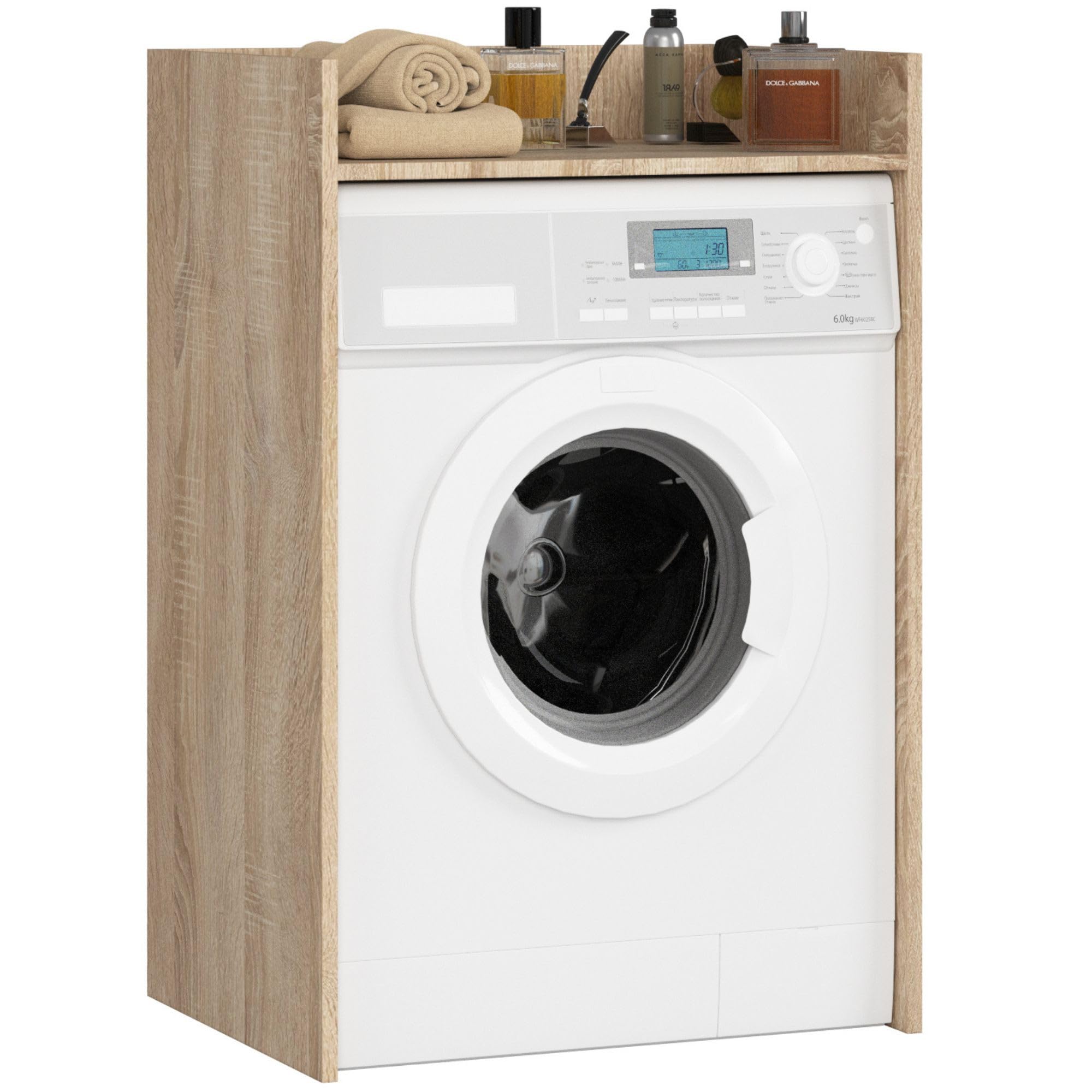 AKORD | Mueble para Lavadora de 64 cm | Apto para Lavadora y Secadora |Mueble de baño de Columna para Colocar sobre Lavadora | 64x98x50 cm | Roble Sonoma