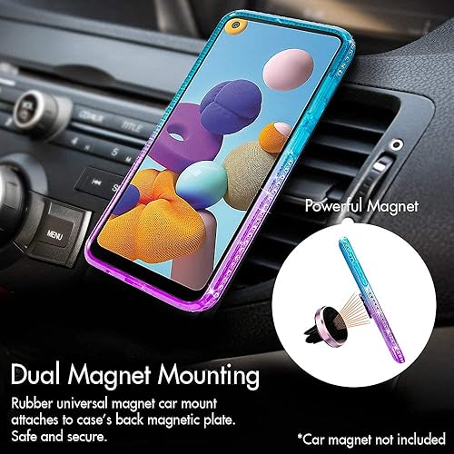 Miniatura 6 de Silverback Funda para Galaxy A21, funda con purpurina holográfica líquida en movimiento con soporte, anillo de diamantes de imitación para niñas y