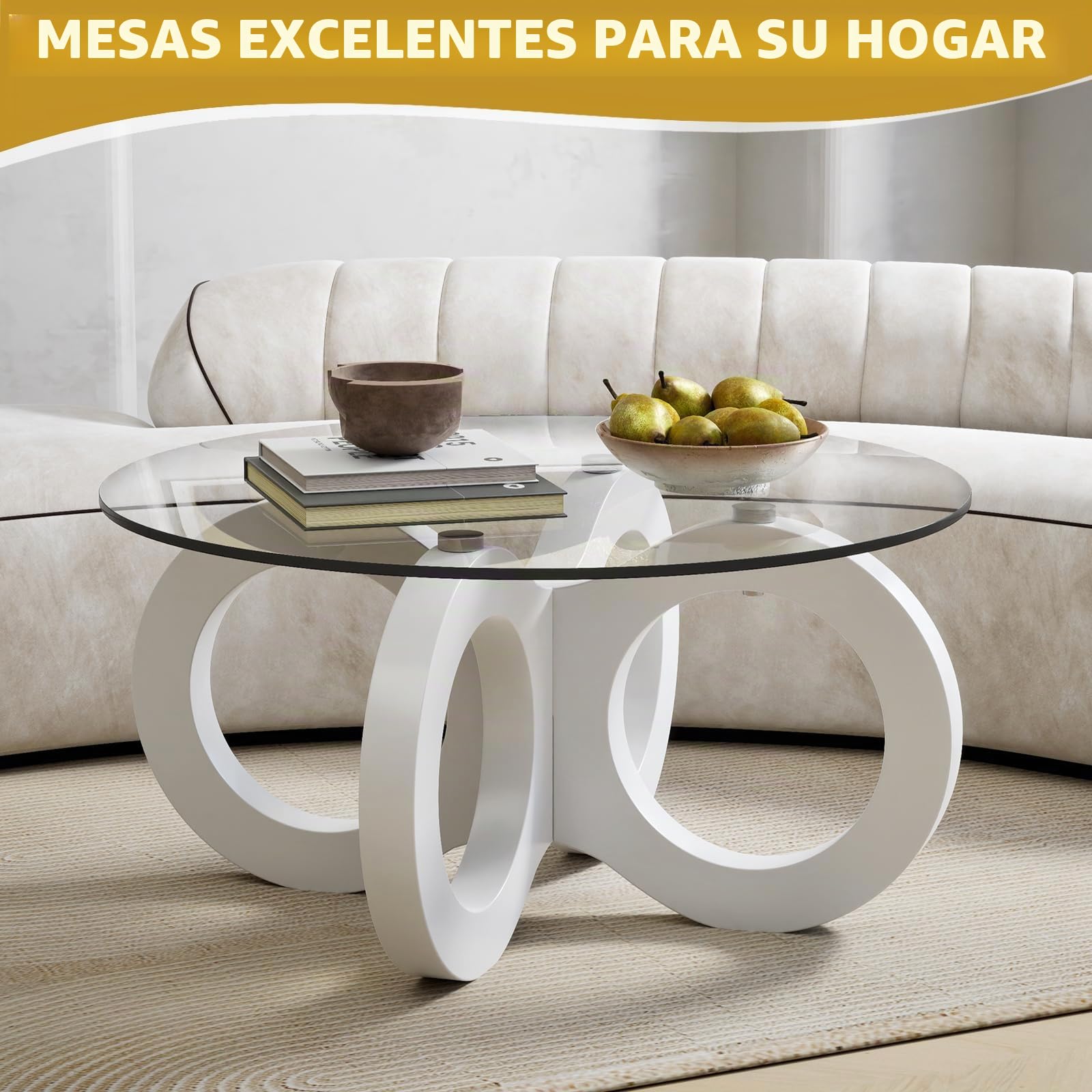 TWSOUL Mesa de centro de cristal, mesas de centro redondas, elegante mesa de cristal con estructura curvada, mesa de salón moderna, mesas de centro de lujo, 80 cm, para salón (patas blancas)