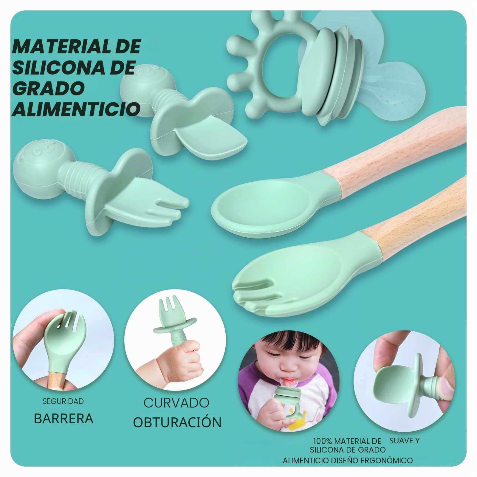 12 Piezas Vajilla de Siliconea para Bebés con Ventosa, Platos Impermeables y Set de Aprendizaje para Comer Destete (Verde)