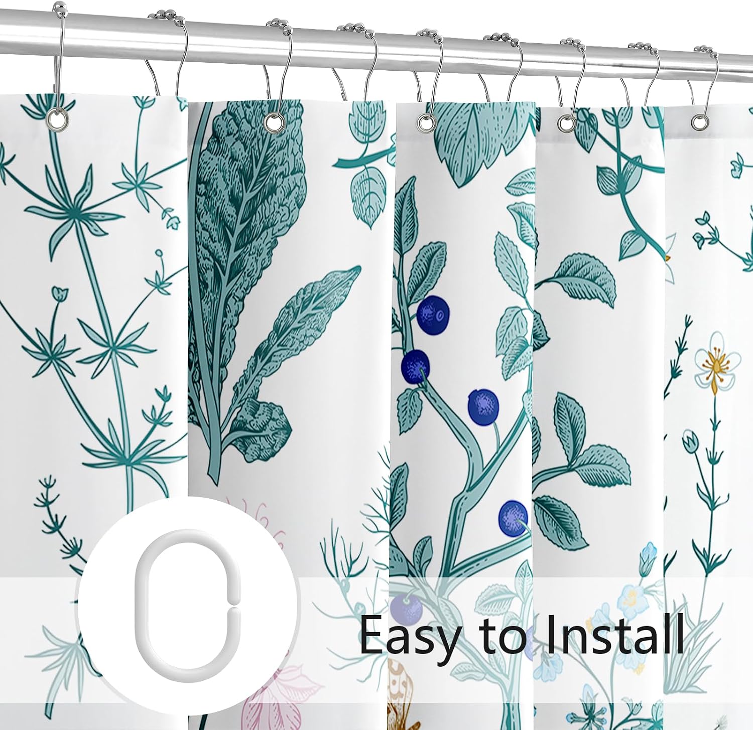 MAYZUS Long Shower Curtain 72 x 78 Inch, Tall Teal Floral Fabric Shower Curtain, Cute Botanical Herbs Flower Butterfly Aesthetic Bathroom Shower Curtain Set with Hooks