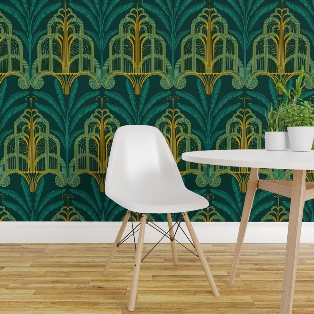 Spoonflower Removable Wallpaper 3ft x 2ft - Teal Art Deco Banana Leaf Tropical Waterfall Leaves Water Palms 1920S Custom Pre-Pasted Wallpaper