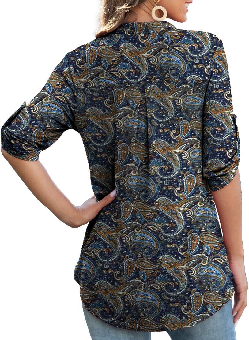 Othyroce Womens Floral Printed Tunic Tops 3/4 Roll Sleeve V Neck Blouses Long Sleeve Shirts for Women - Image 3