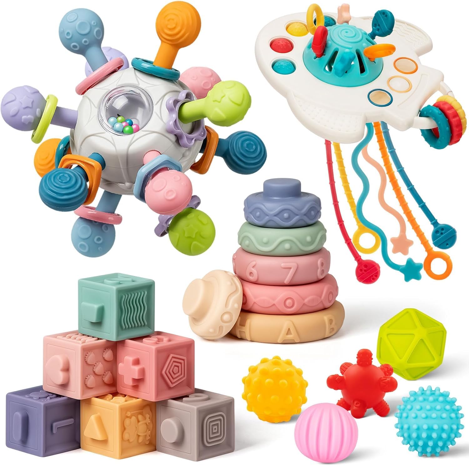 Baby Toys 6 to 12 Months, 5 In 1 Montessori Toys for 1 Year Old, Incl Travel Pull String Toy & Rattle Teether & Stacking Baby Block & Soft Infant Ring & Sensory Ball for Toddler 0-3-6-9-12 Month