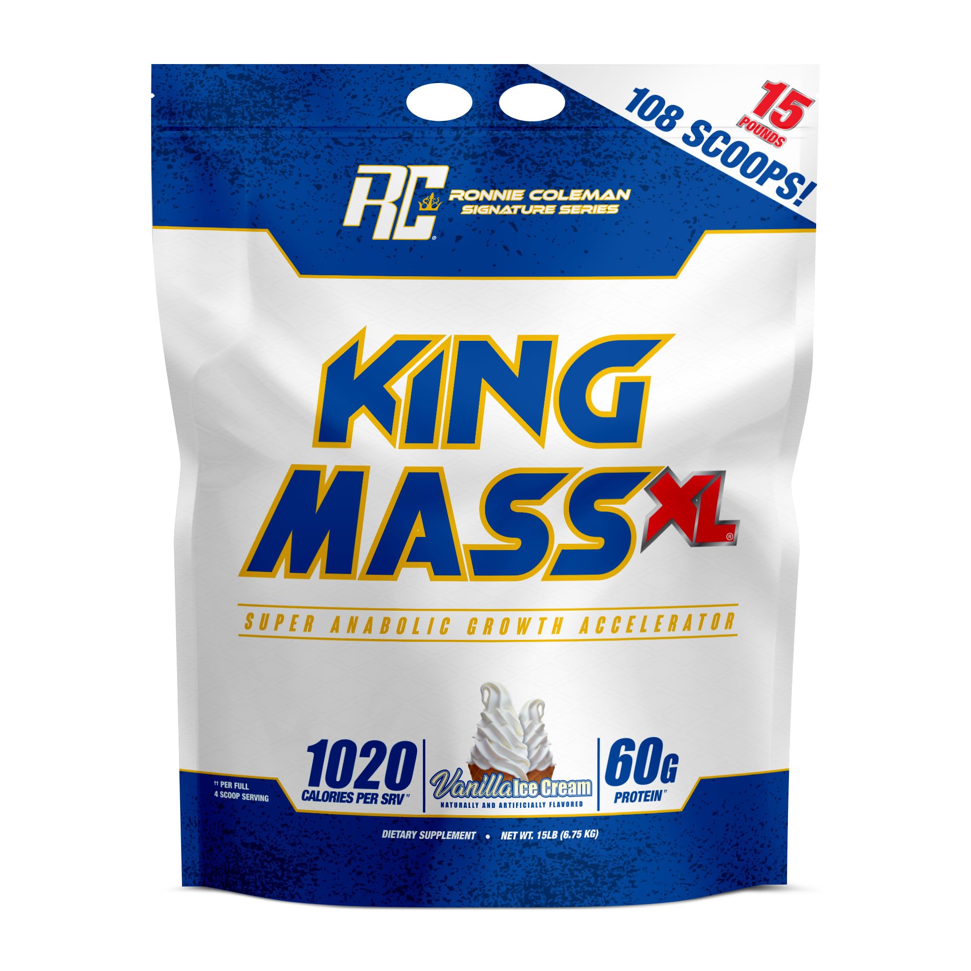 Ronnie Coleman Signature Series Hipercalórico com whey, creatina e glutamina, 60 g de proteína e 180 g de carboidratos, sabor sorvete de baunilha, 6,8 kg