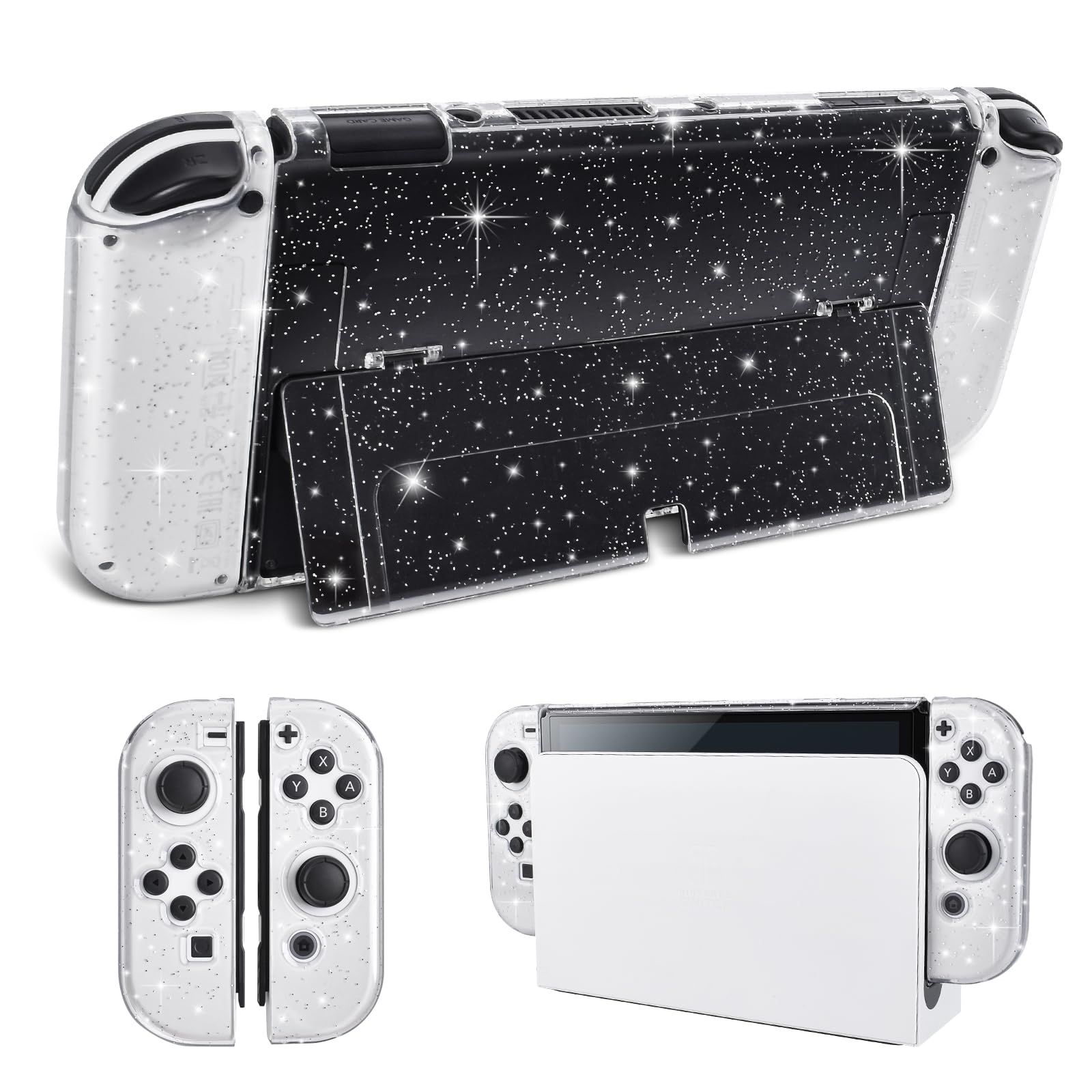 DLseego Custodia per Nintendo Switch OLED Modello 2021, Glitter Cover Agganciabile Houisng con Flip Shell Compatibile con Switch OLED Console, Trasparente