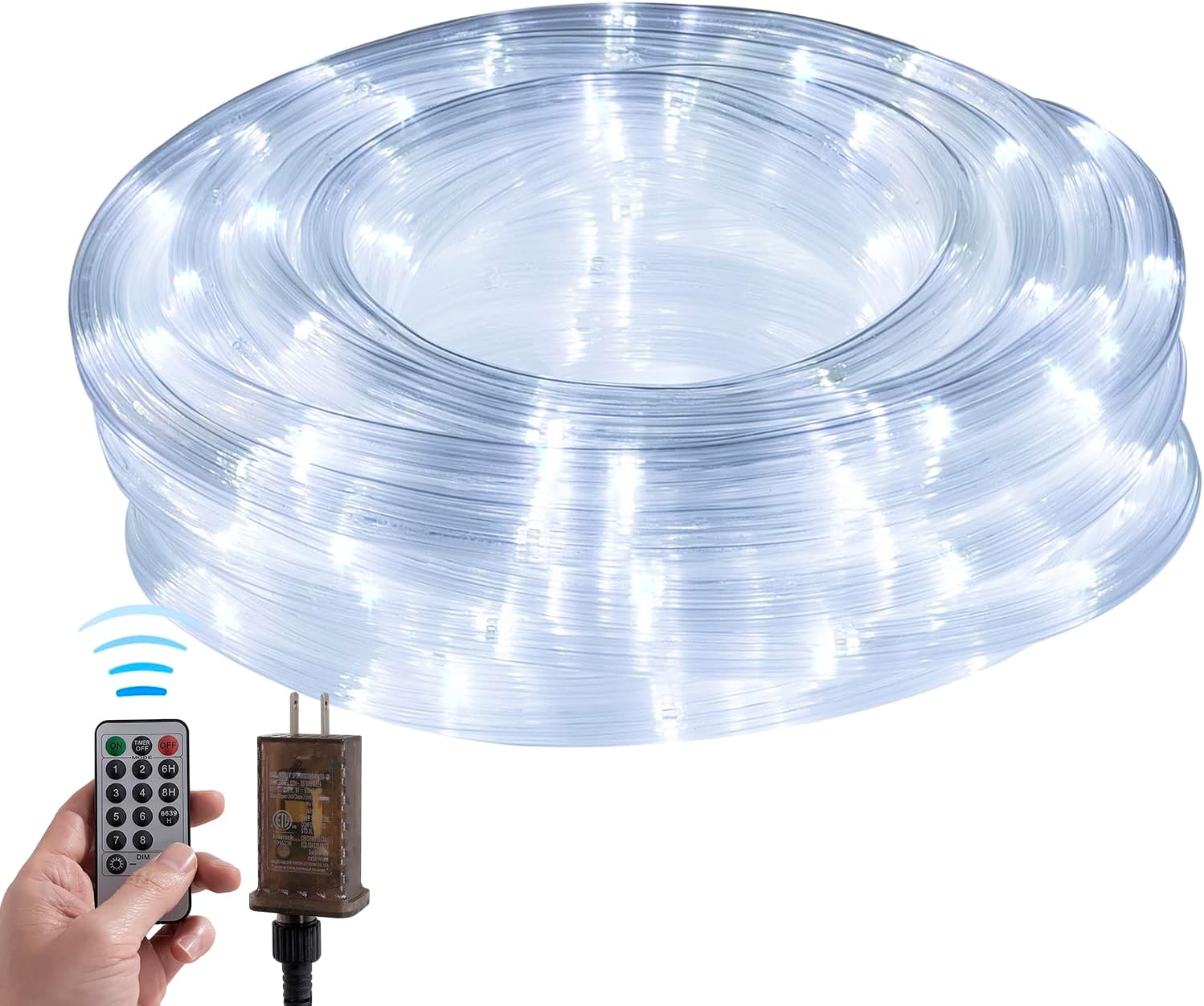 33ft Rope Lights Outdoor,String Lights with Plug & Remote- 8 Modes, 360° Glow,Waterproof Flexible Ripple Tube White LED Rope Lighting for Outdoor/Indoor,Garden,Wedding,Pool,Patio,Bedroom, Party Decor
