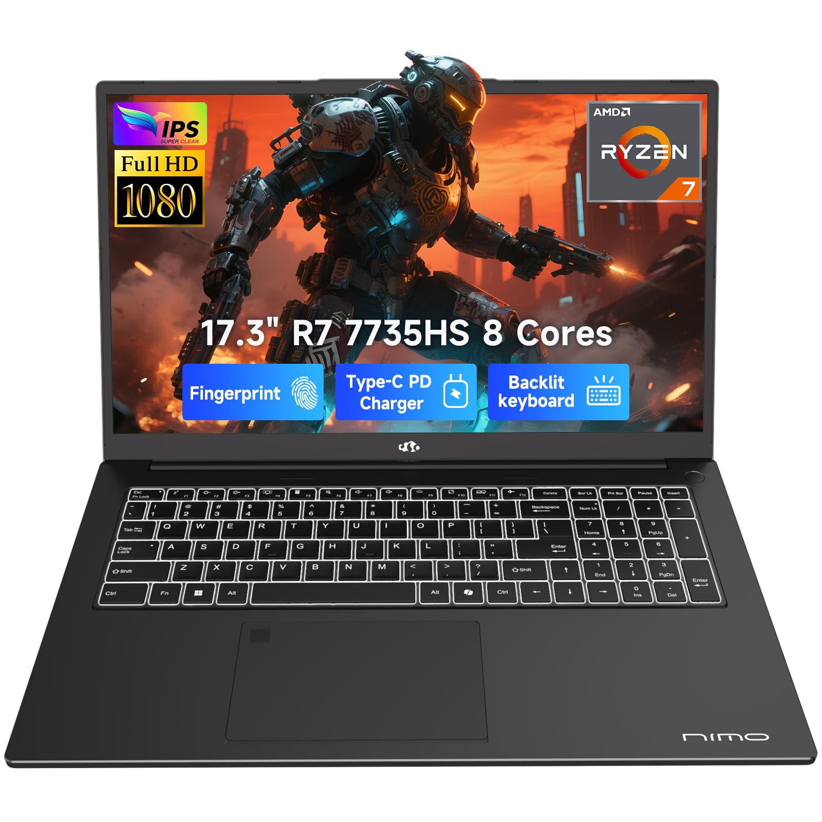 2025 Gaming-Laptop, 17 Inch AMD Ryzen 7 7735HS 64GB DDR5 RAM 2TB SSD (8C/16T, Beats i7-12650H) Computer with Radeon 680M, 100W Type-C, WiFi-6E, 58Wh Battery, Fingerprint, Backlit KB for Business