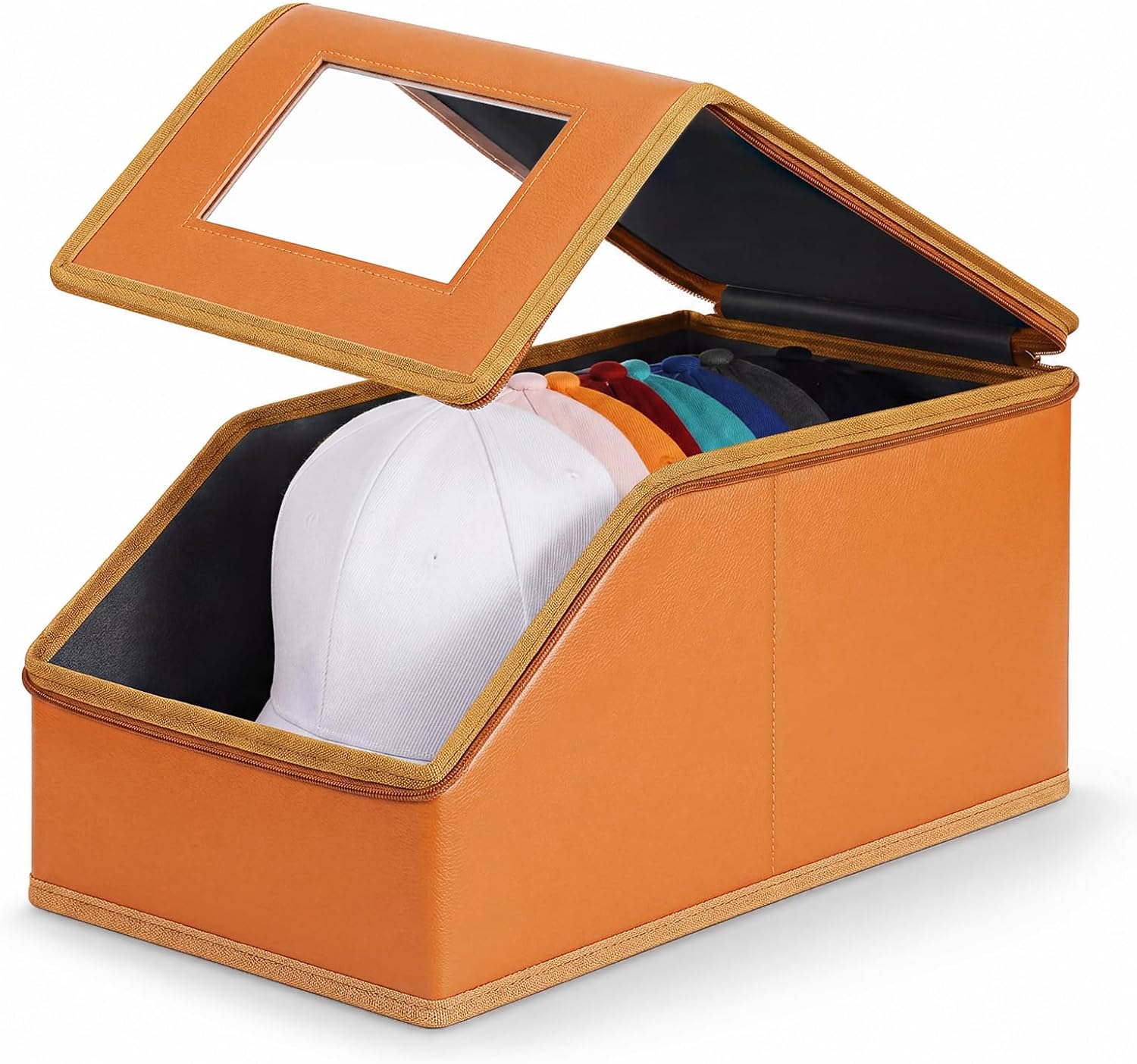 Chunful PU Leather Hat Organizer for Baseball Caps, Holds up to 15 Caps, Hat Storage Holder with Clear Window, Baseball Cap Organizer Case 16.9x8.7x6.7'' for Home Storage Closet(Orange,Side-opening)