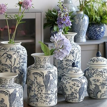 ZHOUXIAO Blue and White Ceramic Ginger Jar Vase with Lid,Traditional Chinese Decorative Porcelain Floral Temple Jar,Bird Flower Vases Jar Decor for Living Room Shelf Bookshel Blue-F