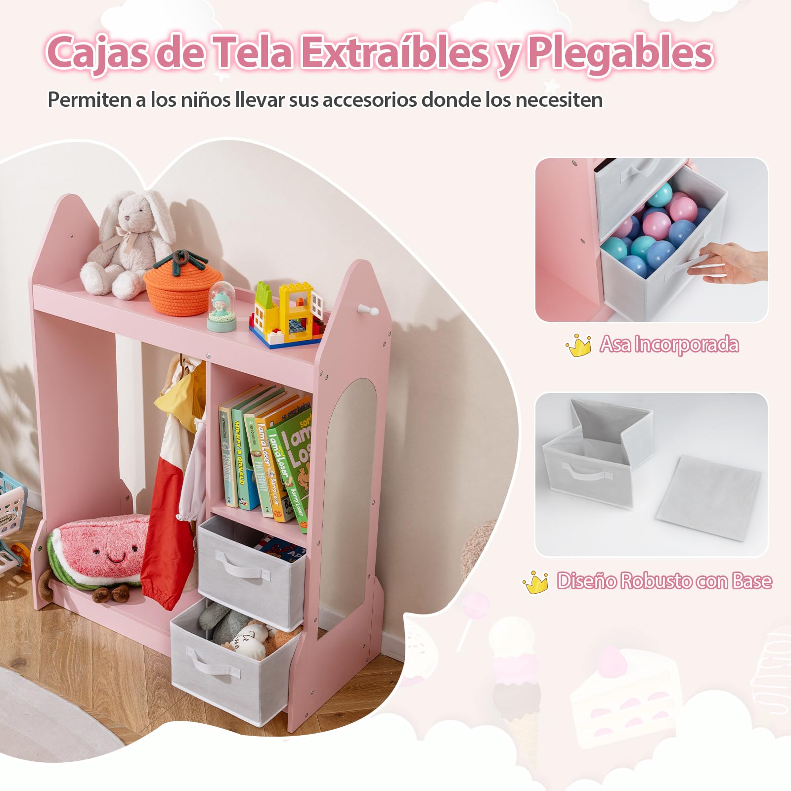 GOPLUS Armario de Almacenamiento para Niños, Ropero con Espejo de Cuerpo Entero, Estantes, Ganchos, 2 Cajas de Tela, Organizador para Juego Imaginativo, Armario de Madera para Dormitorio (Rosa)