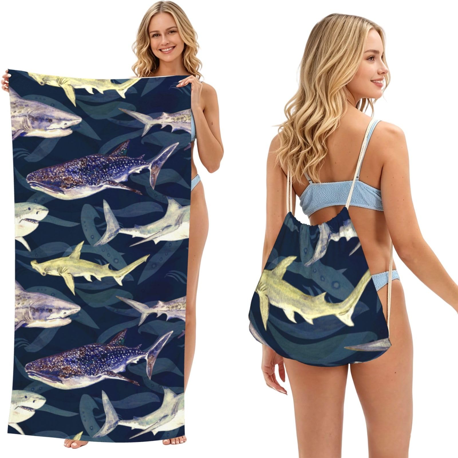 Poadnly Shark Whale Marine Life, 2 in 1 Packable Towel Bag, Beach Towels with Drawstring Backpack for Travel Holiday Camping