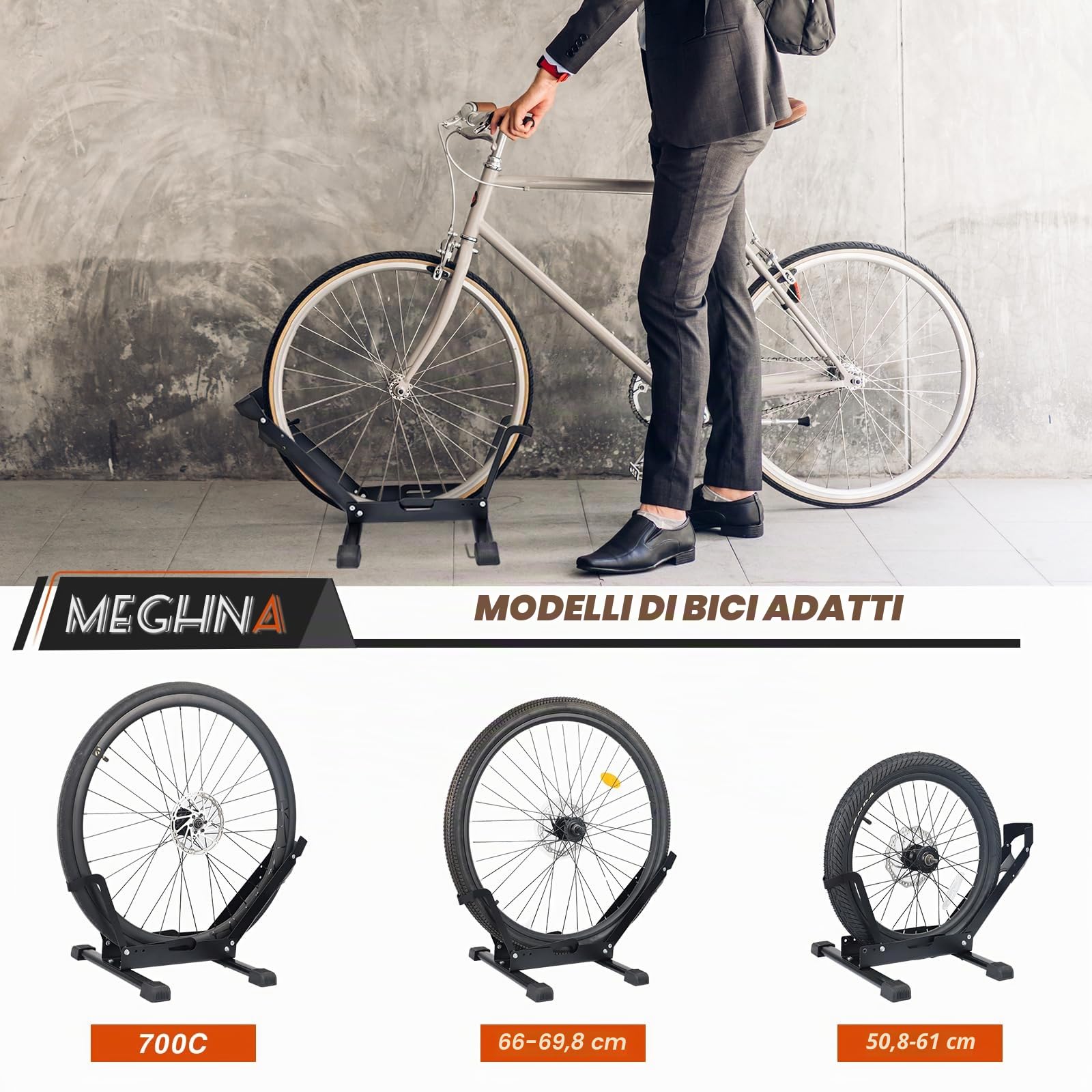 MEGHNA Confezione da 1/2 portabici pieghevole – Cavalletto da pavimento in acciaio al carbonio per bici da 20 – 29 pollici e-bike, mountain bike, bici da corsa (larghezza pneumatici inferiore a 7,5 cm