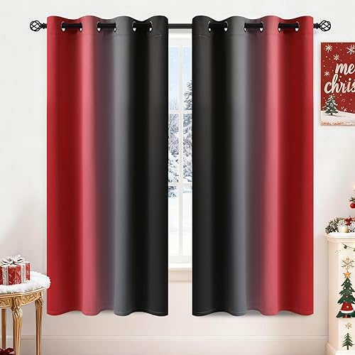 Yakamok Blackout Ombre Black and Red Curtains for Bedroom, Gradient Room Darkening Curtains, Grommet Thermal Insulated Full Light Blocking Window Drapes/Curtain for Living Room,52 x 63 Inch,2 Panels