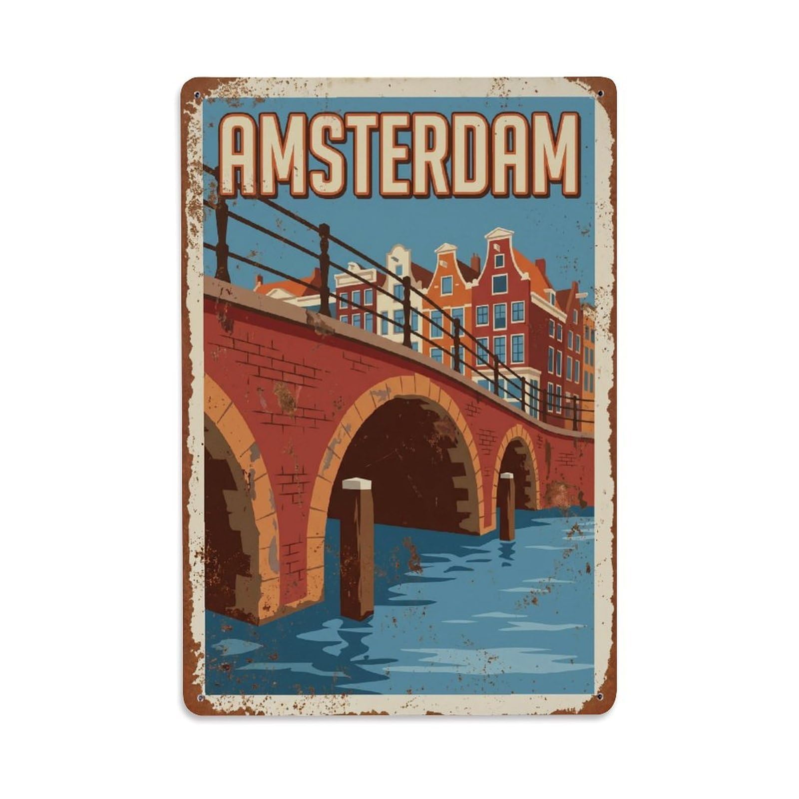 Okngb Style Amsterdam Bridge Viaduct Waterway Retro Tourism Canal Metal Tin Sign Plaque Wall Decor For Cafe, Man Cave, Club Bar, Office, Home Garden Round Metal Poster 8X12inch