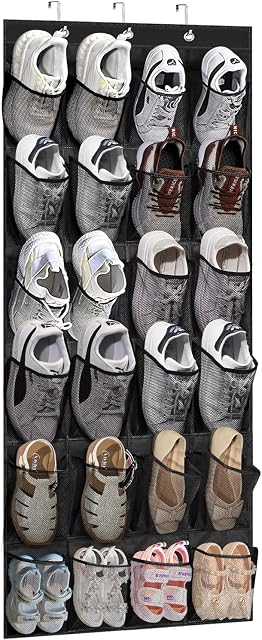 Over Door Shoe Organiser, Hanging Shoe Storage Rack For Wardrobe Shoes Holder With Breathable 24 Large Mesh Pockets, Back Of Door Storage Durable Shoe Hanger For Men Women Kids, Bedroom Gadgets, Black