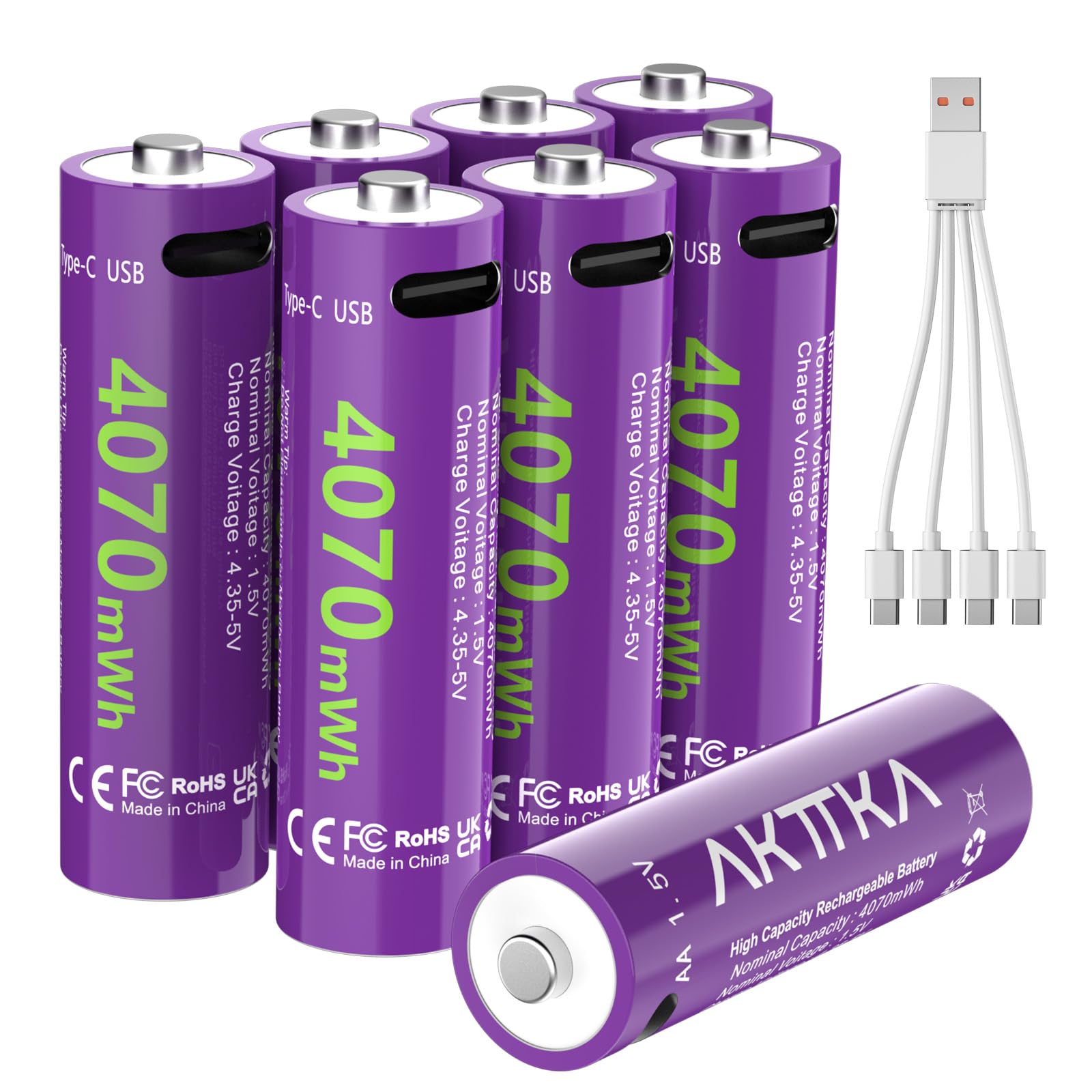 AKTTKA 8 Pack Rechargeable AA Batteries, 1.5V Lithium, 4070mWh