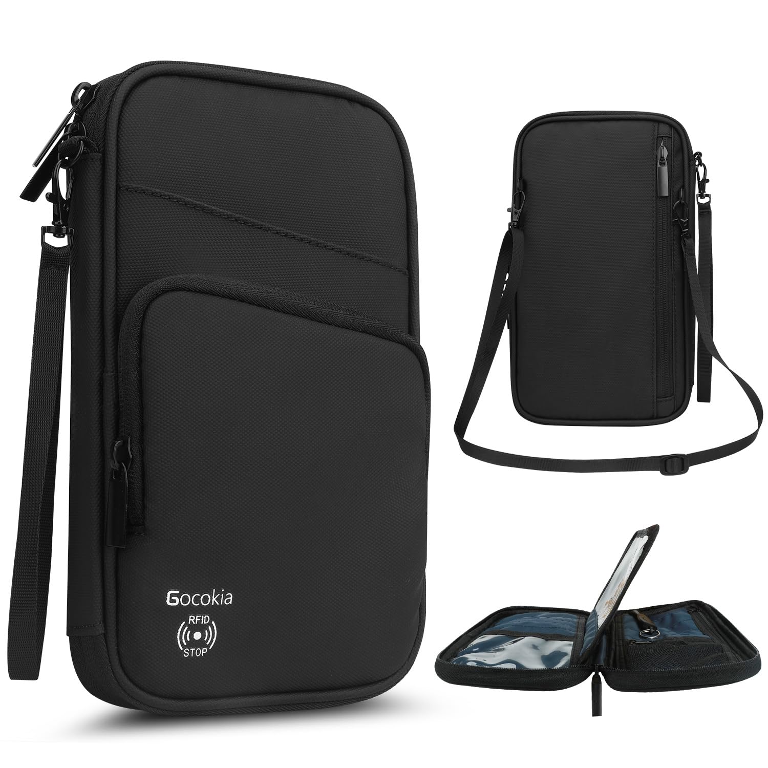 Acoki Multi Pocket Passport Bag Travel Wallet with Shoulder Strap-Family Passport Holder of 5, RFID Blocking Passport Wallet for Men Women, Travel Essentials for Flying