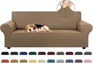 KEKUOU Stretch Sofa Cover Slipcover ,Couch Covers for 3 Cushion Couch Sofa pet Friendly (78"-94") Furniture Protector Sofa with Elastic Bottom for Kids,Dog, Jacquard Small Checked(Large,Camel)