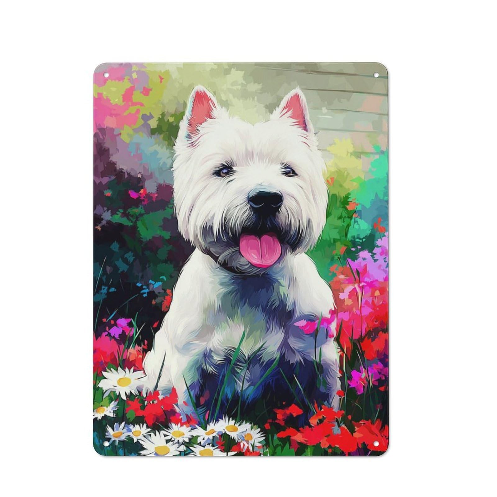 Junmoney Floral Fantasy With White Dog Metal Wall Sign 40X30cm Featuring For Café Or Restaurant, A Decorative Metal Sign For Cafés And Restaurants