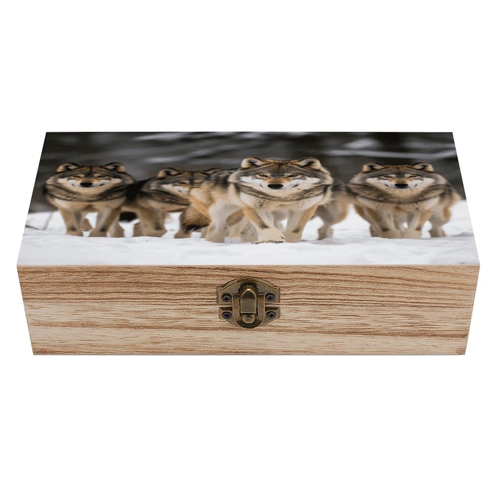 VstaDank Pack of Wolves Wooden Box with Hinged Lid Handmade Wooden Jewelry Boxs Organizer Personalized Woodens Keepsake Box for Pictures Wedding Photo Jewelry Decorative Chest Rustic Crate