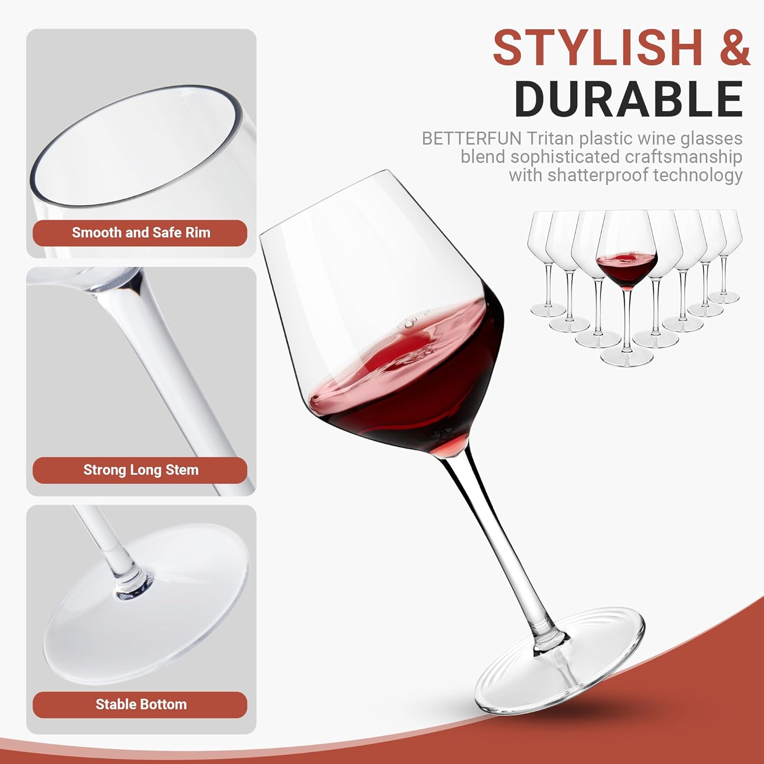Unbreakable Tritan-Plastic Burgundy Wine Glasses Set of 8-15 oz, Clear Shatterproof Red Wine Glasses, Gift for Party, Wedding, Pool, Dishwasher Safe