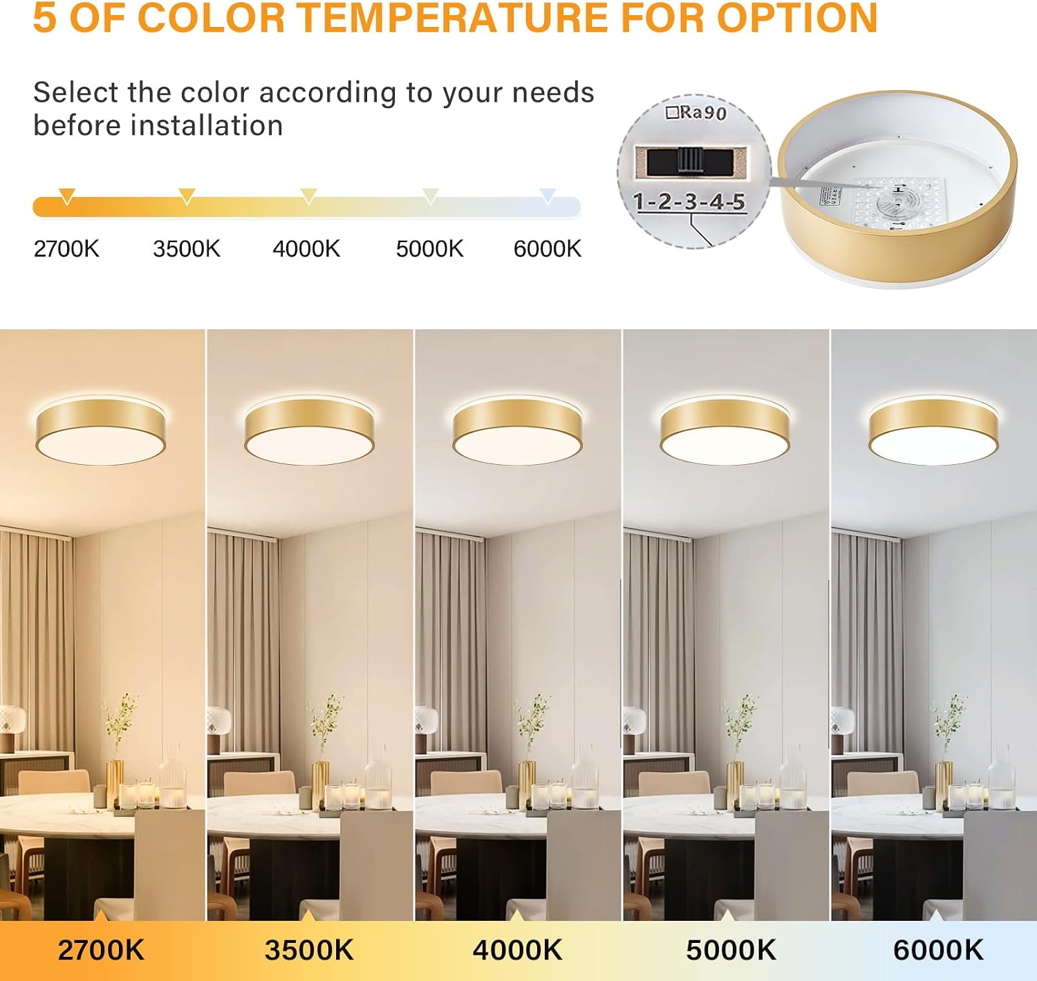 Gold Flush Mount Ceiling Lights, Modern Dimmable 5CCT Close to Lighting Fixture, 2700K-6000K LED Round Ceiling Lamp for Bedroom, Bathroom, Dining Room, Living Room-15.8in