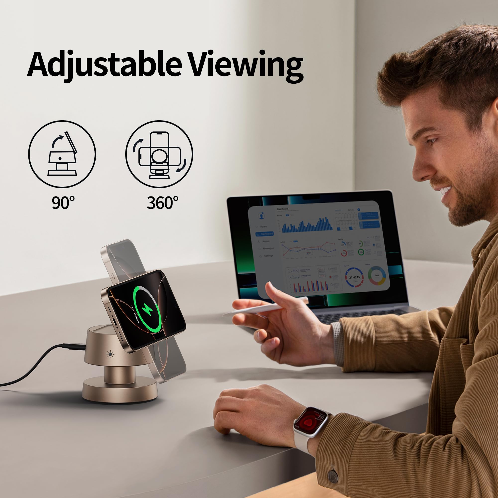 Station de charge magnétique sans fil 4 en 1, charge rapide de 15 W avec veilleuse réglable, station de charge magnétique sans fil pour iPhone 16, 15, 14, 13, 12 Pro Max et Apple Watch, AirPods 3/2/1