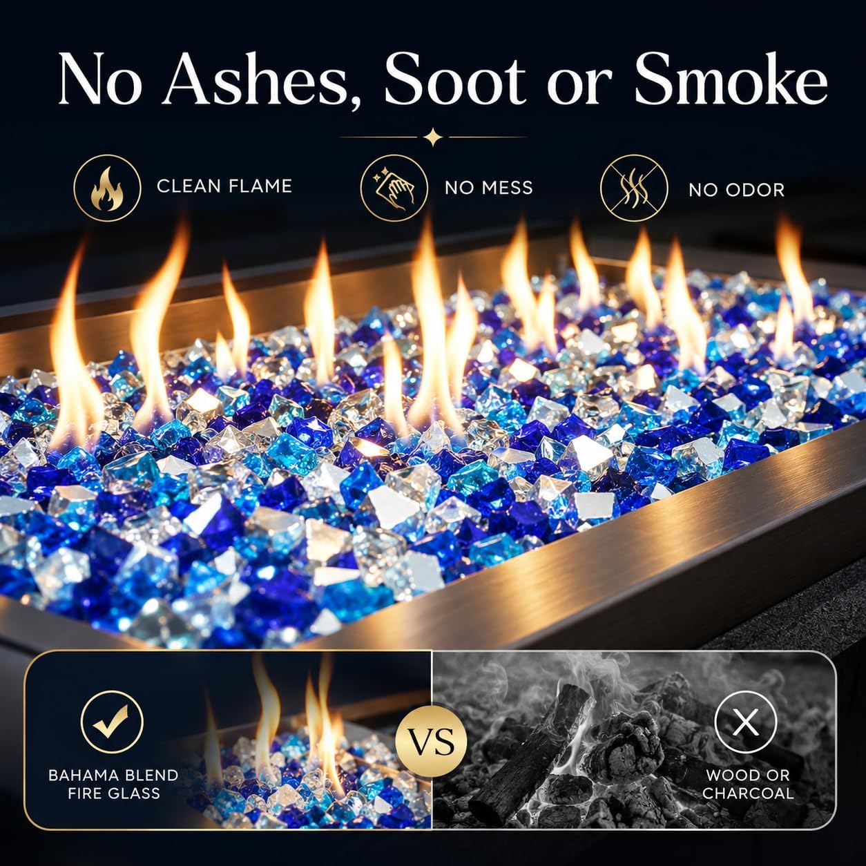 Fire Glass for Fire Pit - 1/2 Inch 10 Pounds High Luster Reflective Tempered Glass Rocks for Natural or Propane Fireplace, Safe for Outdoors and Indoors Bahama Blend Fire Pit Glass
