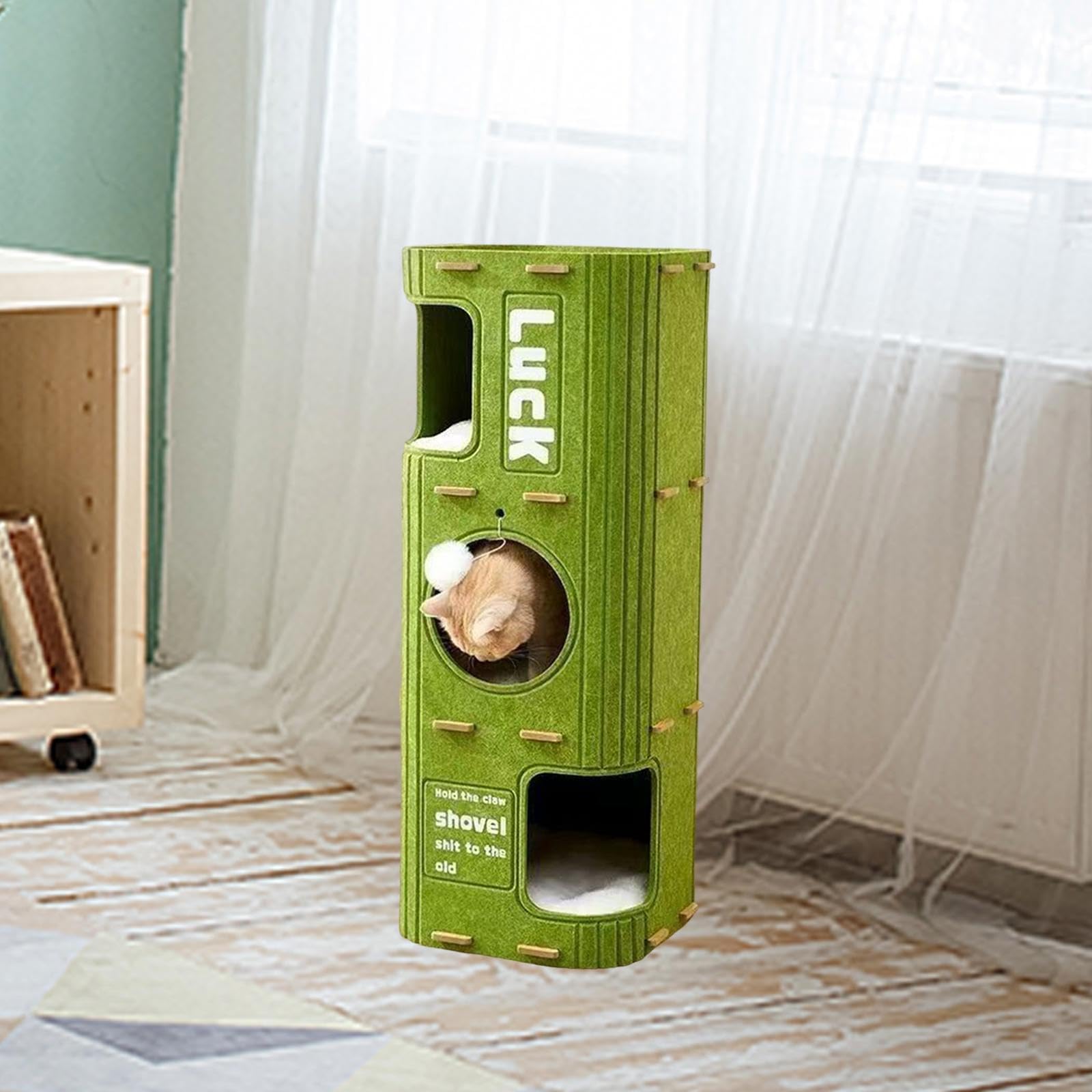 Cama Cueva para Gatos de 3 Pisos, para Gatos con Juguete Colgante en Forma de Bola, Cubierto, Condominio para Varios Gatos, Gat, Verde