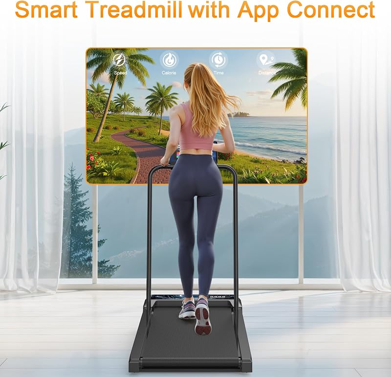 HOELLL Treadmills for Home Small with 0%-8% Incline and APP Sync, Compact Under Desk Walking Treadmill Pad with Handle Bar Removable, Remote Control and LED Display, 2.5HP, Moon White image 2