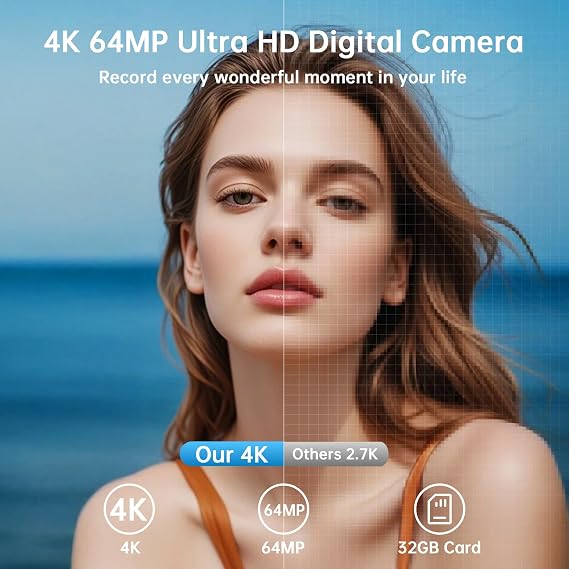 Digital Camera with WiFi, 4K 64MP Autofocus Vlogging Camera for YouTube with SD Card 3.0