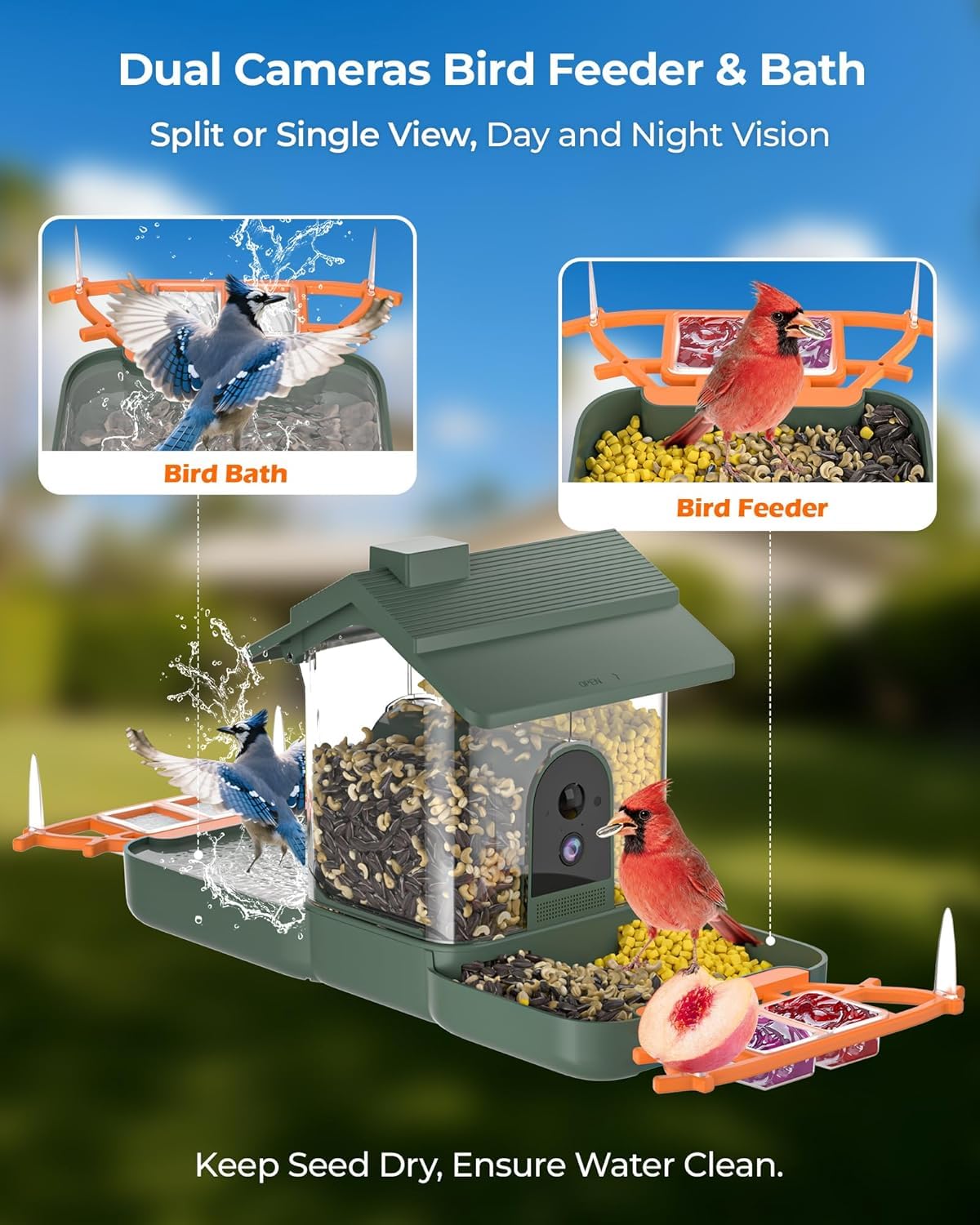 Vasca per uccelli e mangiatoia per uccelli 2 in 1 con telecamere, alimentazione solare 2K, doppia fotocamera, mangiatoia per uccelli e vasca per esterni, giardino, regalo per papà, mamma, bambini