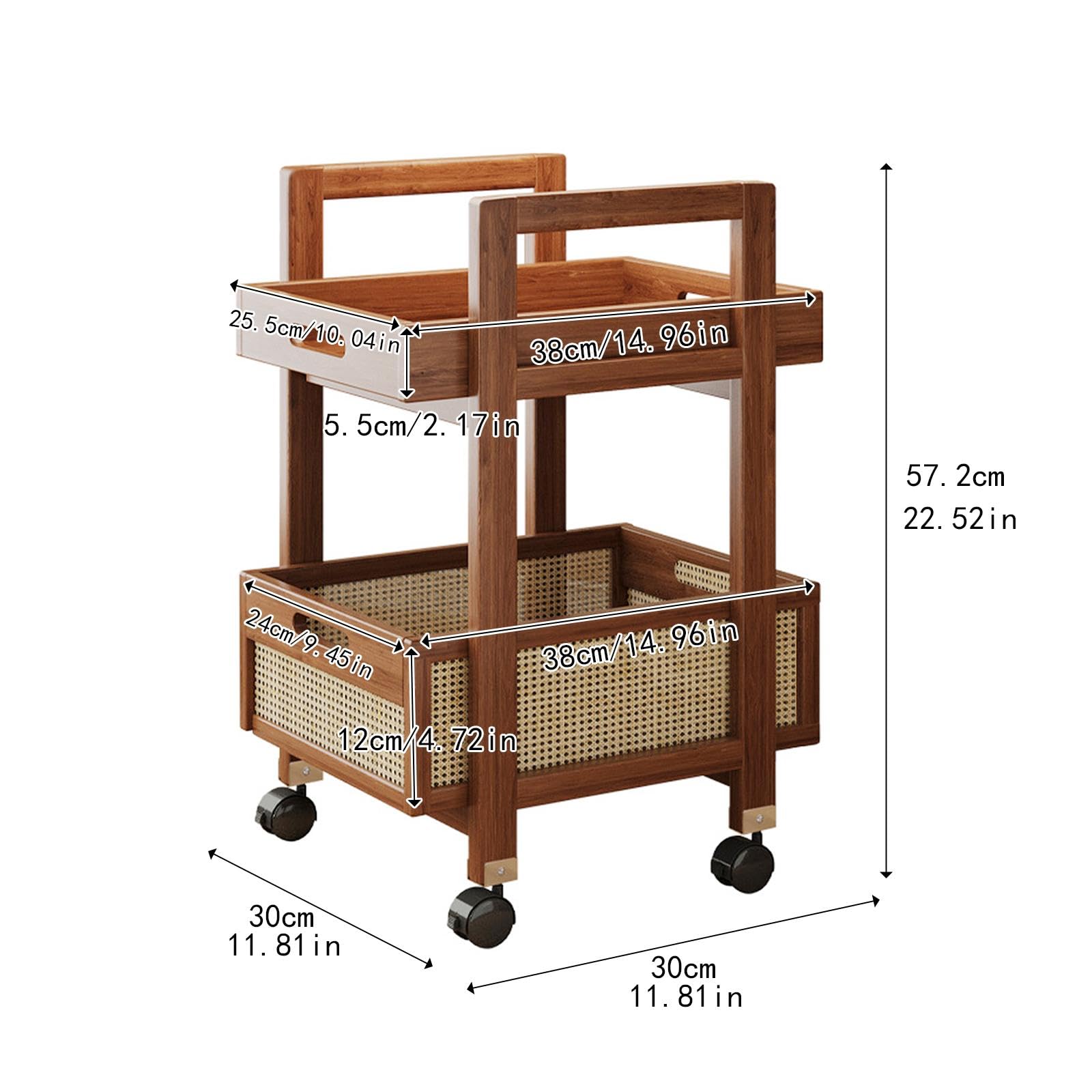 Carrello mobile da tè con design a 2 ripiani, per casa e dormitorio, carrello multiuso in bambù e MDF, con ruote e ruote bloccabili