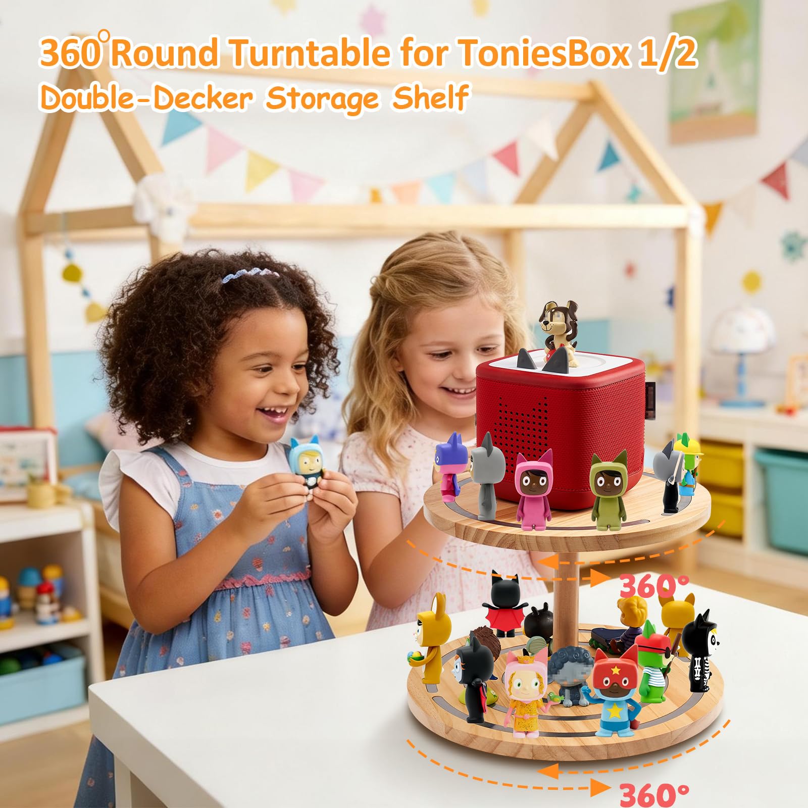 Gieanoo Étagère Tonies à 2 étages avec plateau tournant à 360° pour chambre d'enfant | Plateau tournant rond à 360° à 2 niveaux pour TonieBox 1 et 2 en bois de pin pour 30 à 50 caractères