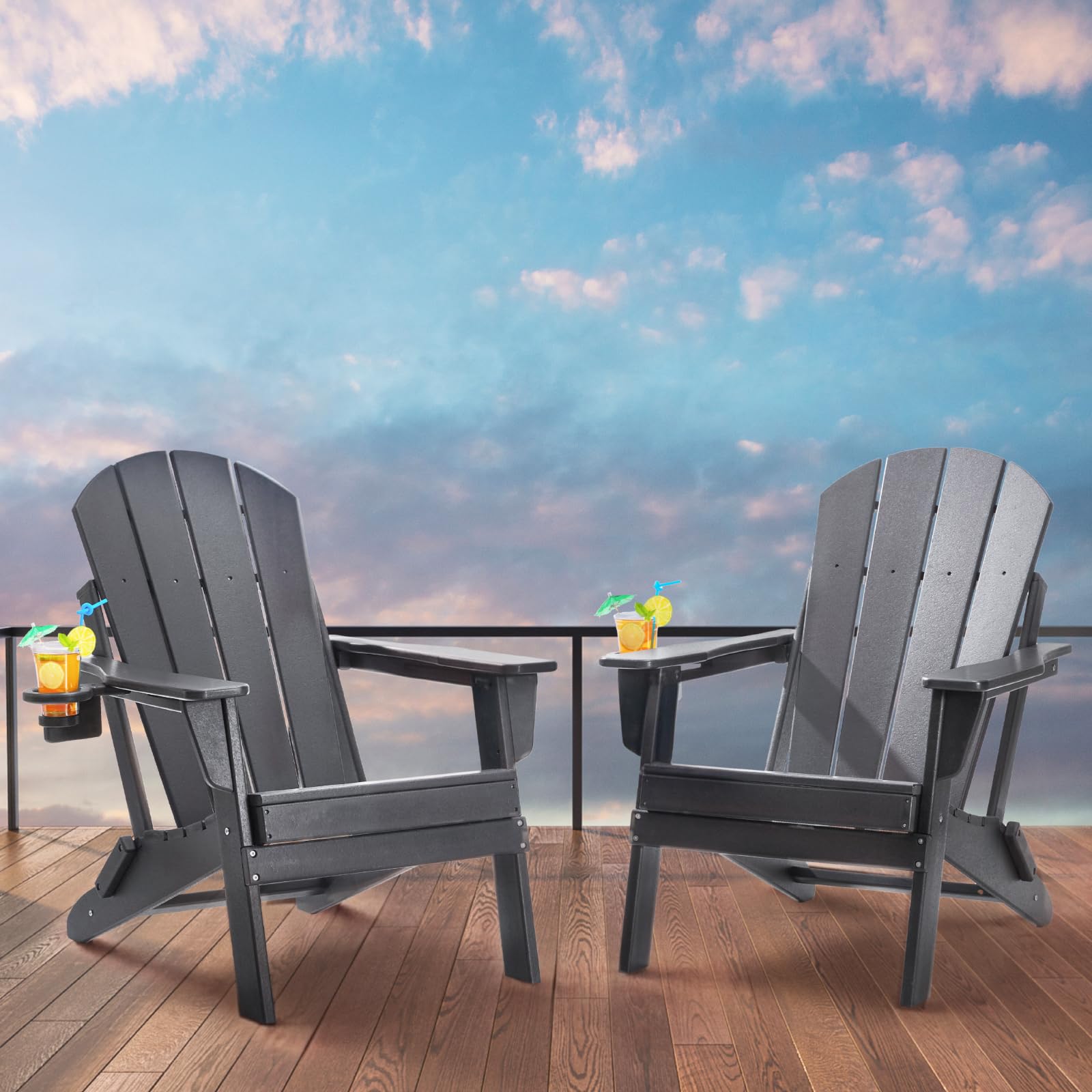 VEVOR Chaise Adirondack en Plastique, Lot de 2, Fauteuil de Jardin Pliant Portable, Charge 181,4 kg, avec Porte-Gobelet, Accoudoir Relaxant, pour Toutes Saisons, Extérieur, Patio, Arrière-Cour, Gris